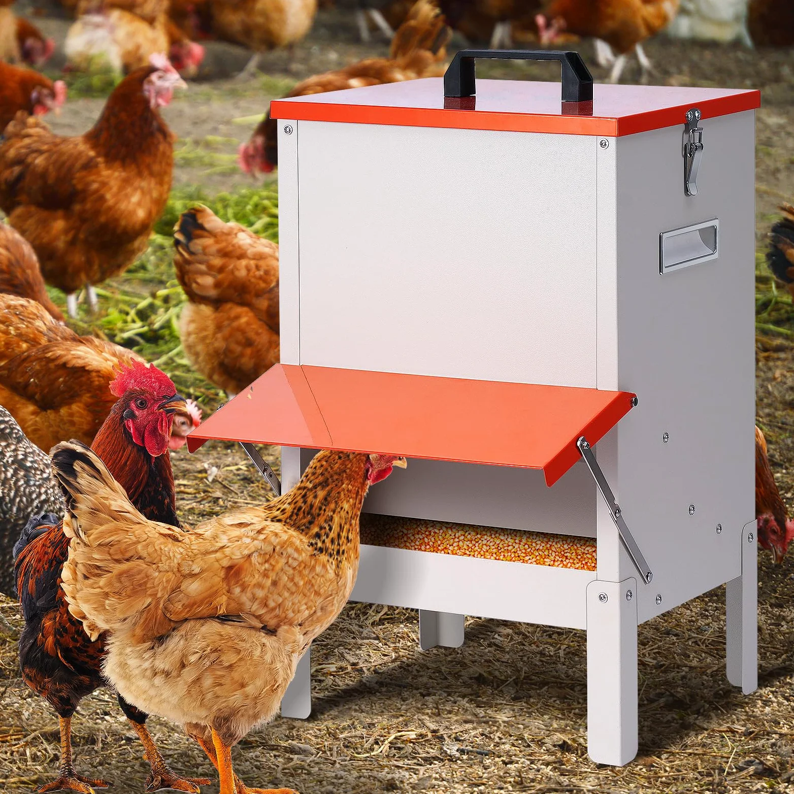 Comedero automático de 50 libras para pollos y patos, comedero grande para pollos, patos, gansos, palomas, perros, peces, gatos (naranja)