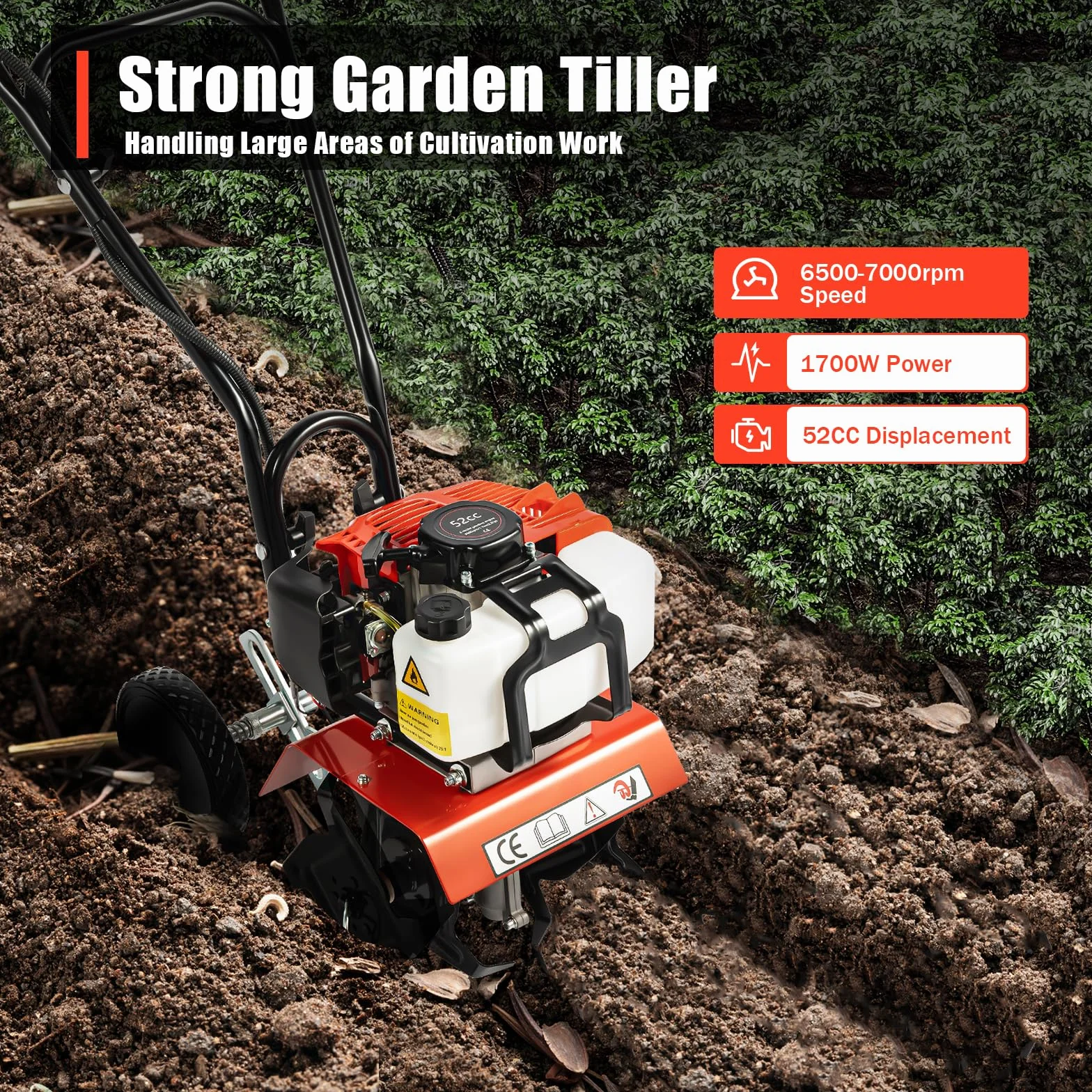 Motocultor Gasolina, 52 cc Cultivador térmico, 1,9 kW 6500 rpm Motoazada, 4 cuchillas de acero de Manganeso, aflojamiento del suelo jardín huerto invernadero huerto, ligero, 15 kg, ancho 30 cm