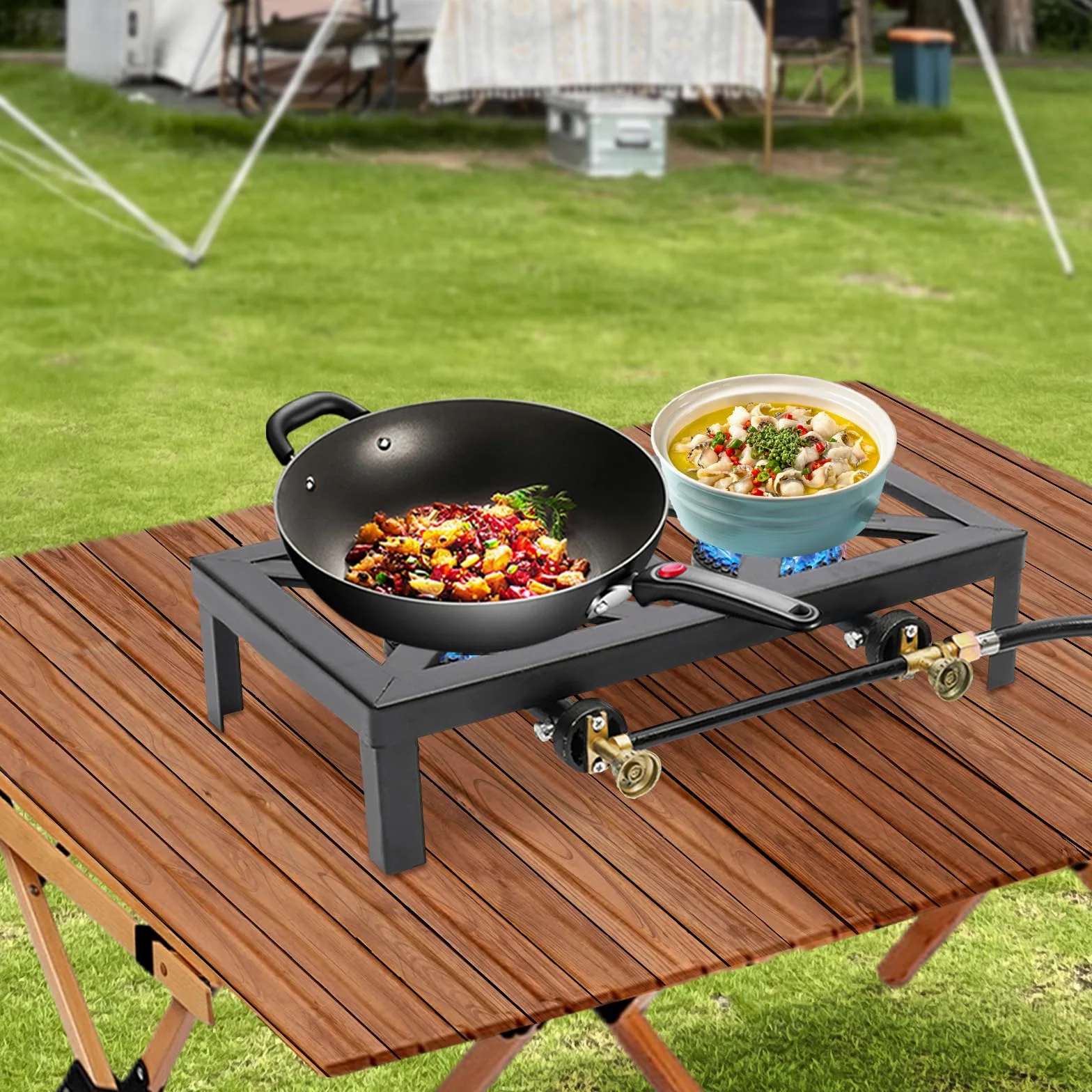 Hornillo de Gas Negro para Exteriores, 8000 W, 48x25x11,5cm Doble Quemador con Manguera reguladora, portátil, para Camping, jardín, Barbacoa, Patas fijas, portátil, Ligera