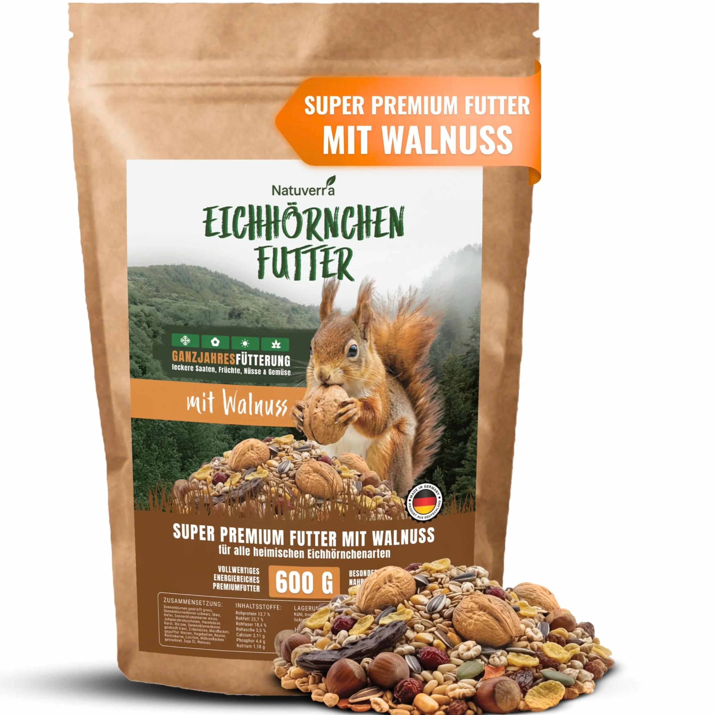 Comida para ardillas y ardillas, 600 g, para todo el año, con nueces en cáscara