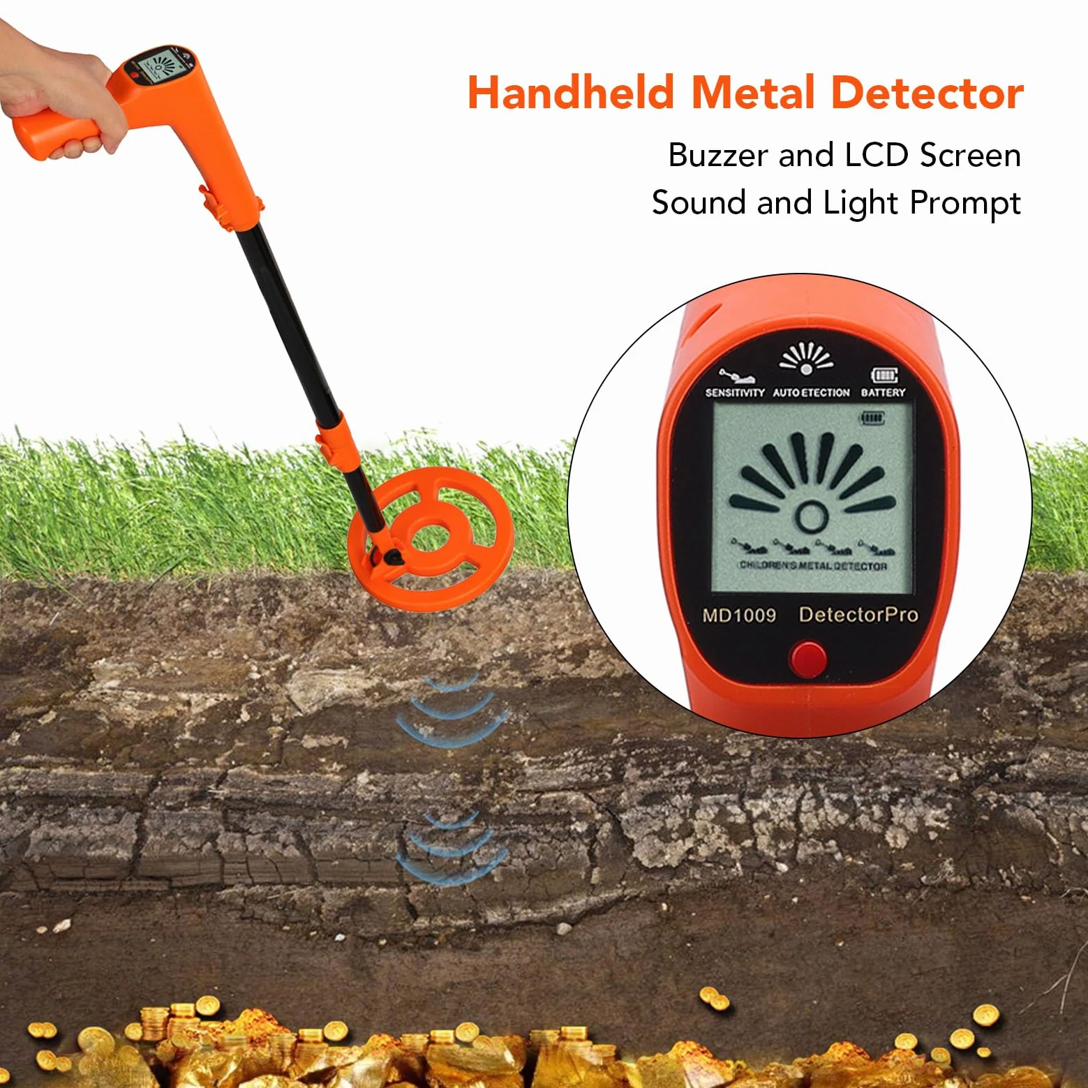 Detector de Metales de Mano Pantalla LCD Bobina de búsqueda Probador de Metales retráctil