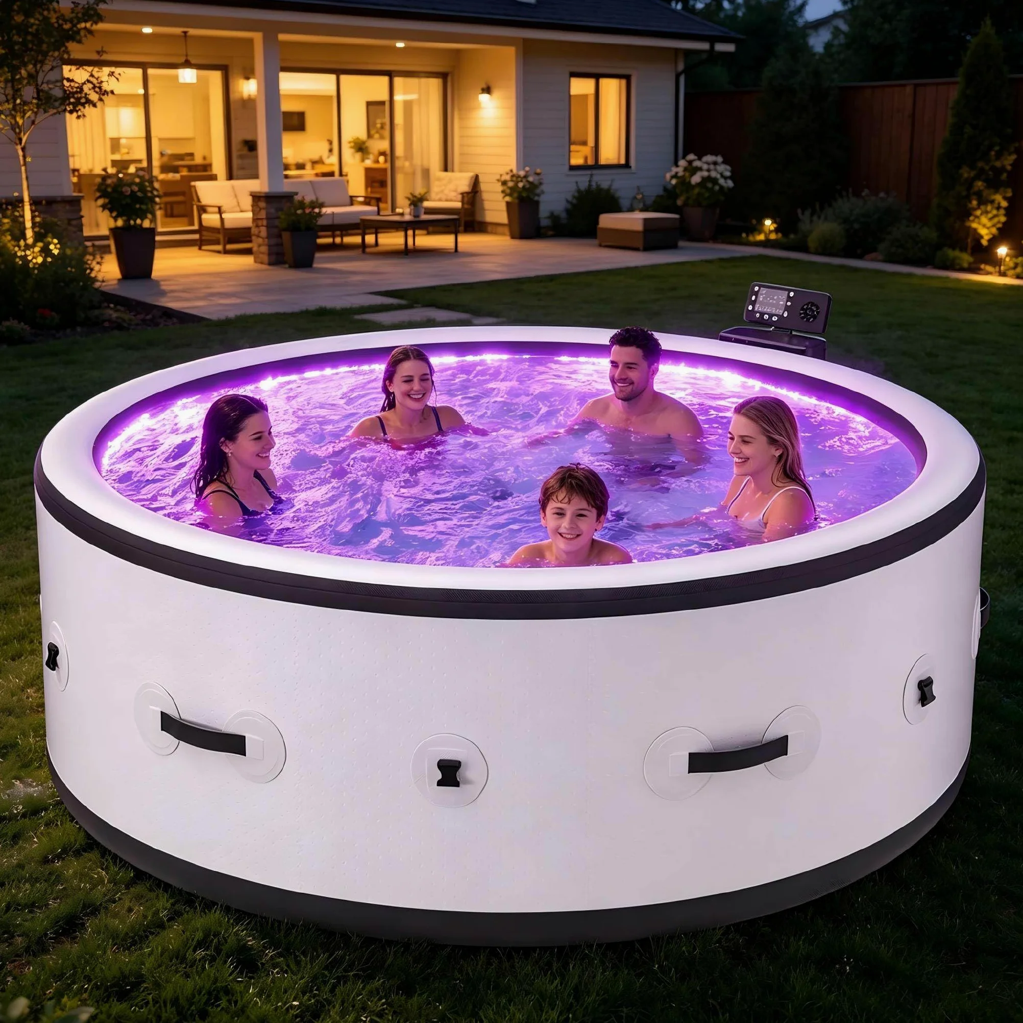 Spa Hinchable PVC Estanco Premium 81,1×27,9 Pulgadas Para 6 Personas, 150 Chorros Masaje, Bomba Calefactora Inteligente, Circulación PTC, Calefacción Baja, Cuerpo Rígido Exterior, 6 Modos Luz