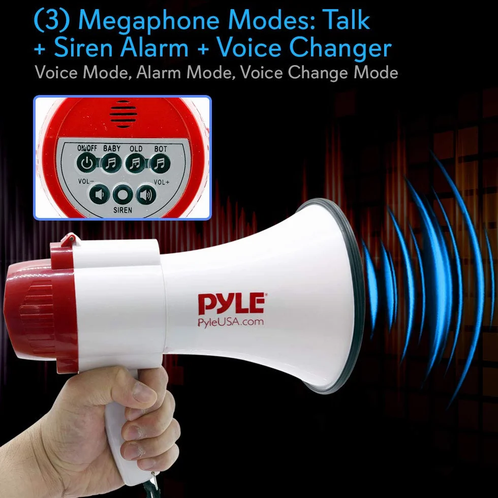 Pyle Megafono Portatil 3 Modos Sonido Hablar Sirena Cambio Voz