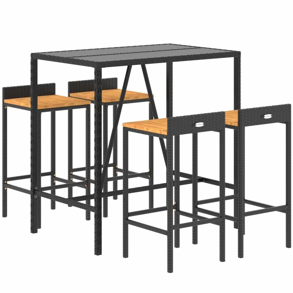 vidaXL Mesa Bar y taburetes jardín 5 pzas Madera Acacia ratán PE Negro