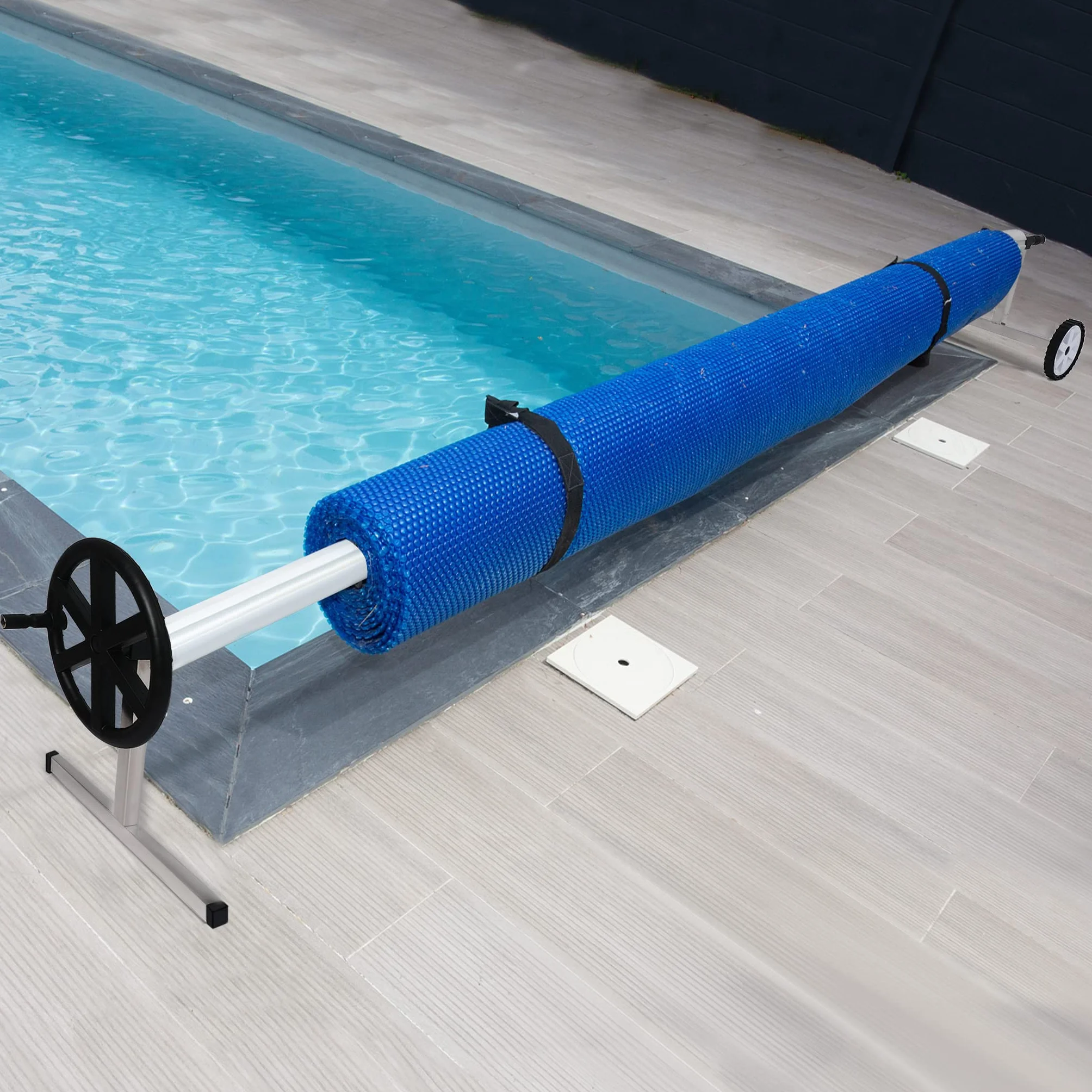 YUENFONG Sistema Enrollable móvil de Acero Inoxidable para Lona Solar, Lonas de Piscina, Enrollable móvil Ajustable, con Ruedas y Correas, Material Resistente a la Intemperie (3m-5,70m)