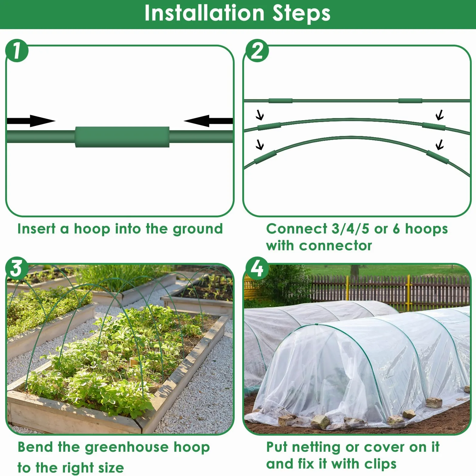 45 aros de invernadero para camas elevadas, 9 juegos de aros de jardín, túnel de cultivo, kit de aro de fibra de vidrio sin óxido, soporte para plantas, estacas de jardín, marco para red, sombra,