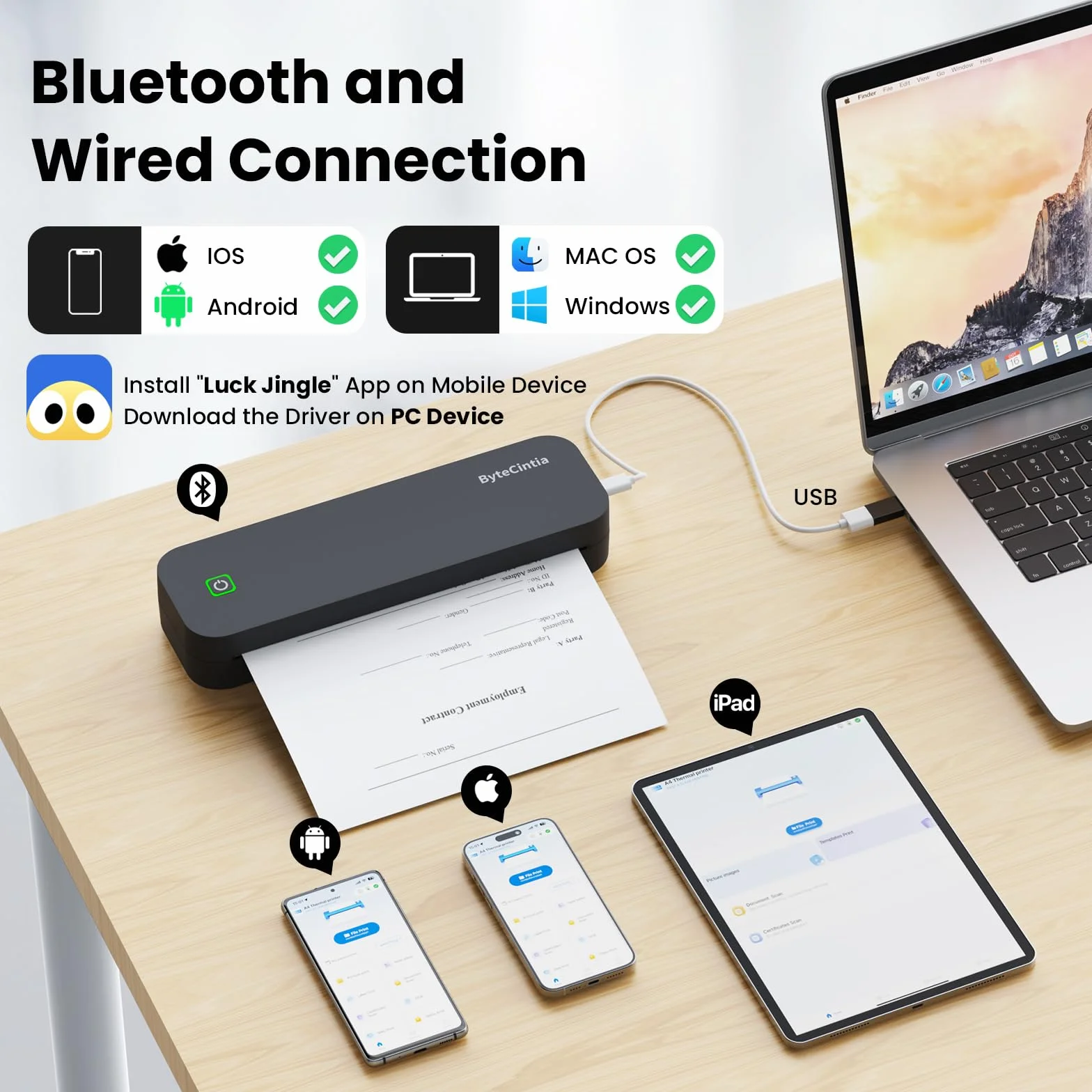 Impresora portátil térmica A4 Bluetooth para oficina móvil, compatible con Android iOS y laptops
