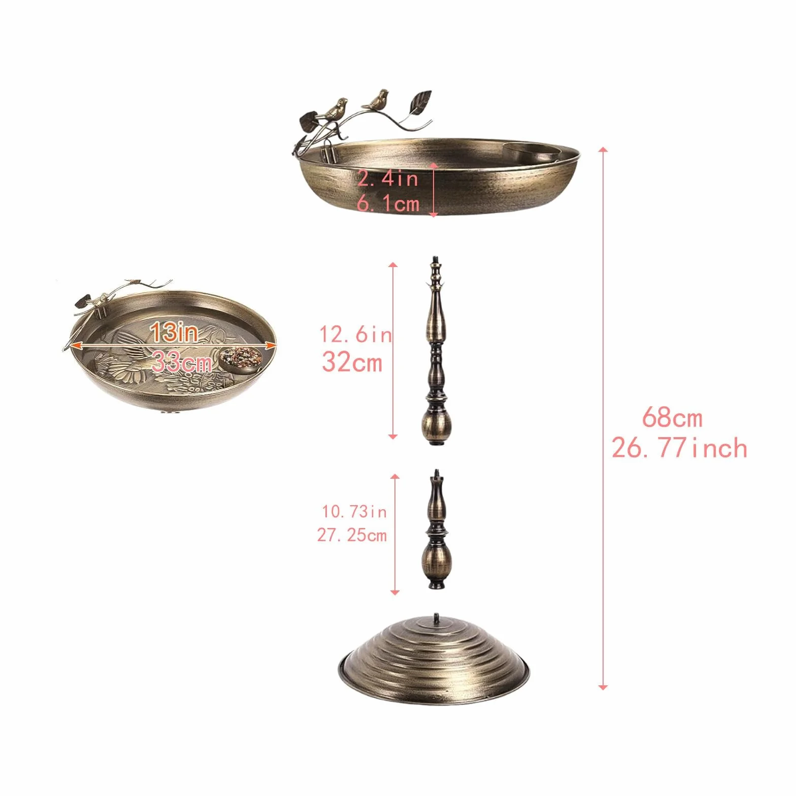 Gralara Bebedero para Pájaros, Comedero/Plato para Pájaros, 66 Cm (26 Pulgadas), Resistente, de Metal, para Decoración de Jardín.