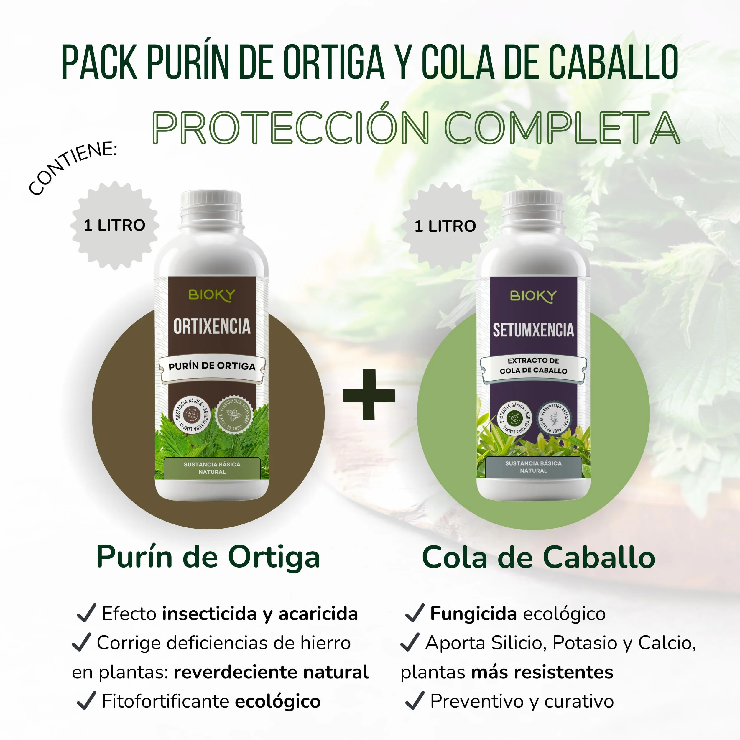 Purín de Ortiga 1L + Extracto de Cola de Caballo para Plantas 1L Aporta Hierro y Nutrientes Esenciales - Mejora Defensas Naturales de Plantas - Producido por Decocción y Fermentación