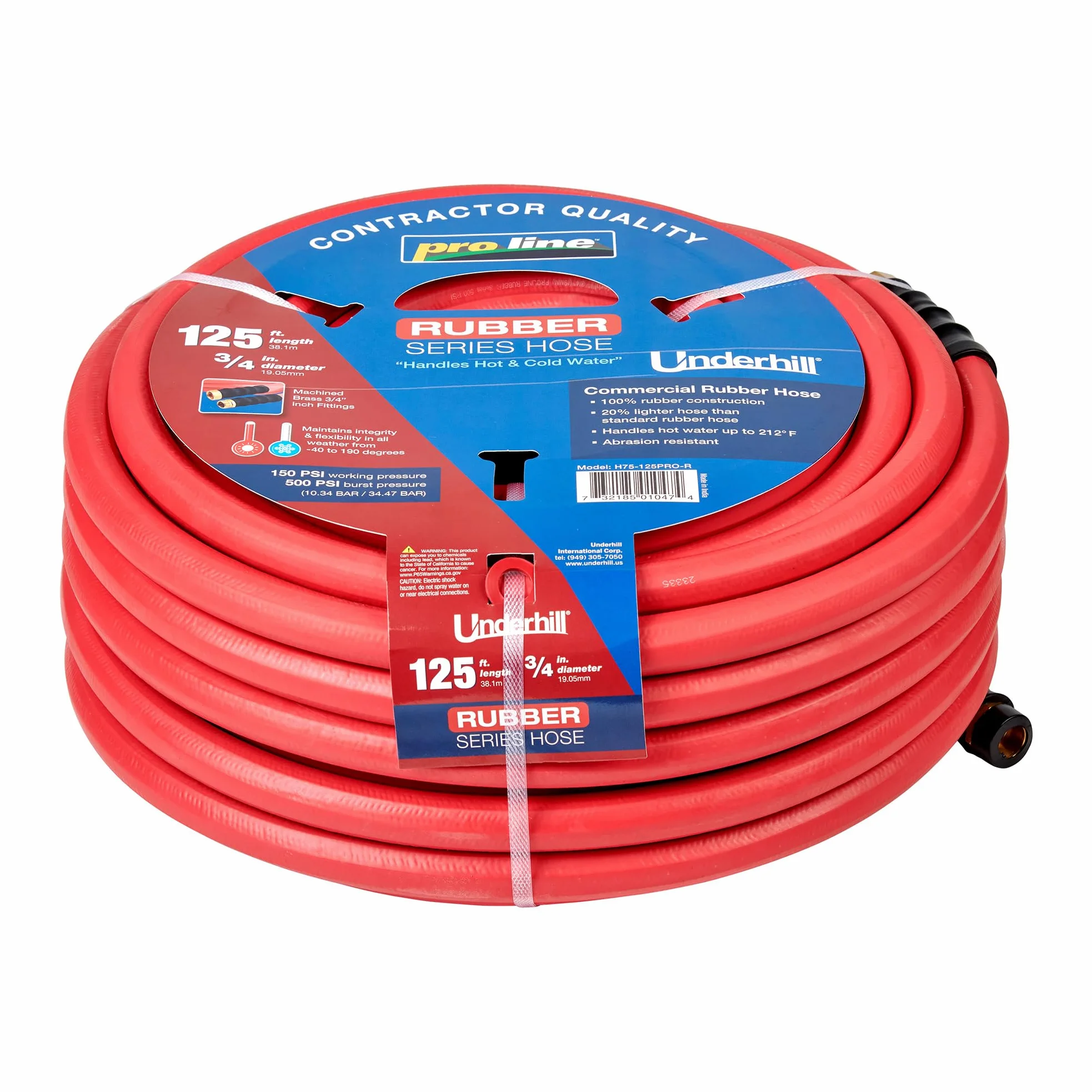 Underhill Proline Rubber Series - Manguera de jardín resistente para agua caliente o fría, ligera, 500 PSI BP, 165 PSI WP, H75-125PRO-R 3/4 pulgadas x 125 pies, color rojo