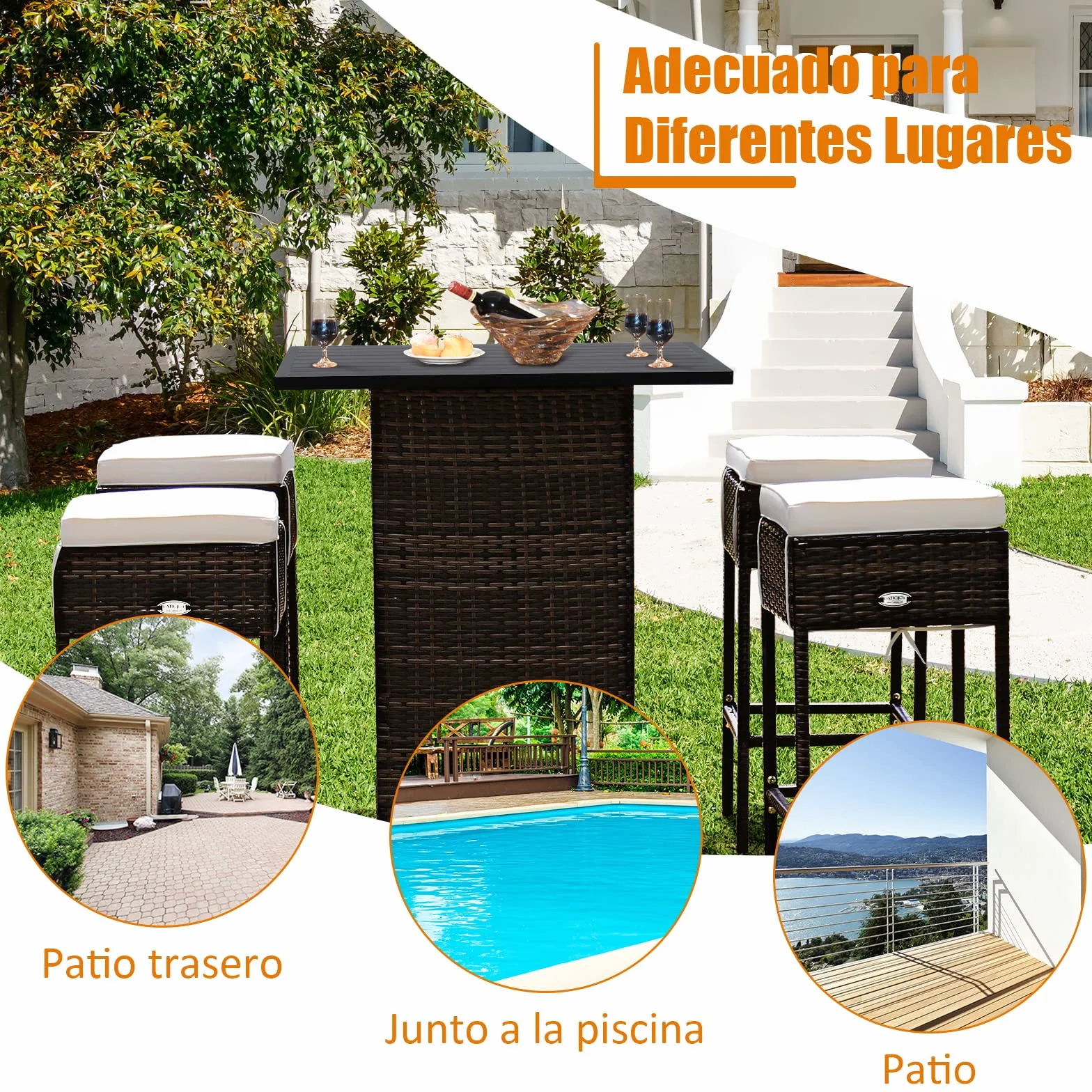 COSTWAY Juego de Bar de Mimbre para Exteriores de 5 Piezas, Mesas Altas y 4 Taburetes con Cojines, Mesa con Tapa Lisa y Estante de Almacenamiento Oculto