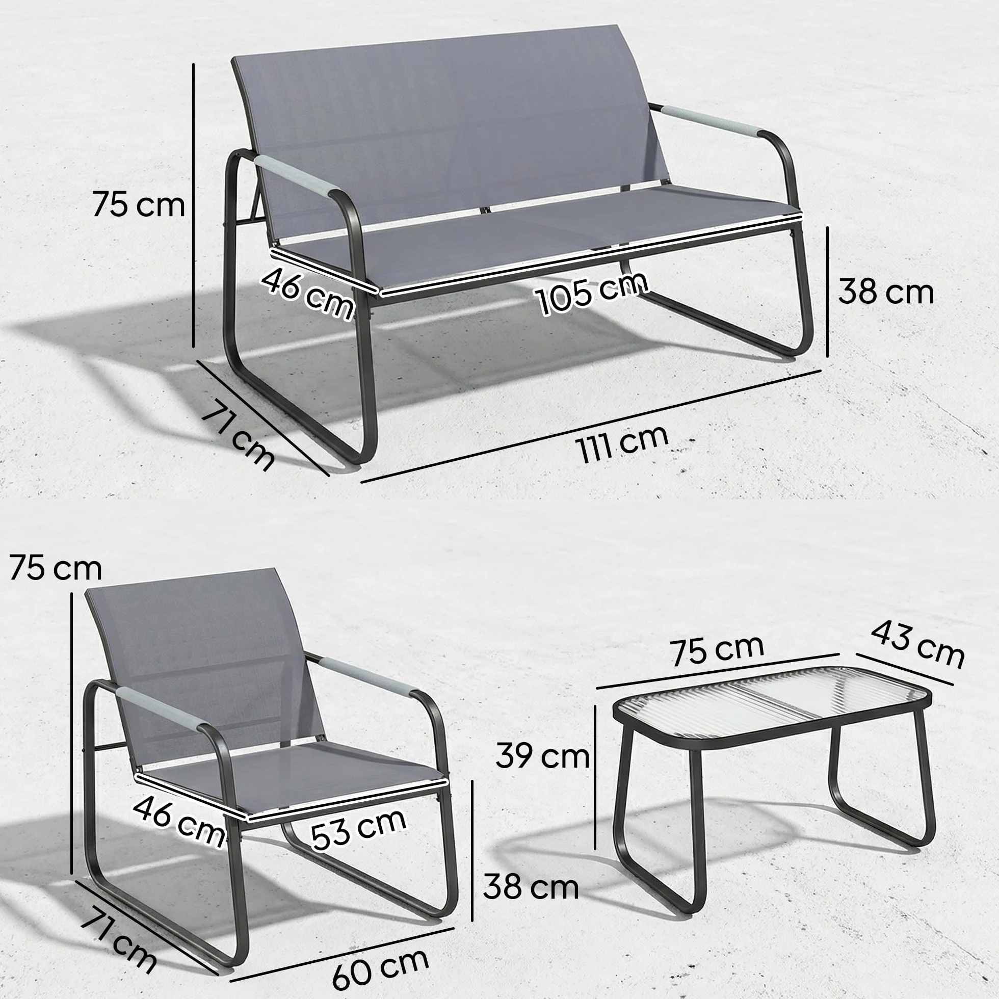 Outsunny Conjunto de Jardín Exterior de 4 Piezas, Muebles Jardín Exterior con 1 Sofá de 2 Plazas, 2 Sillones y Mesa de Vidrio Templado, Estructura de Acero y Textilene Transpirable, Gris