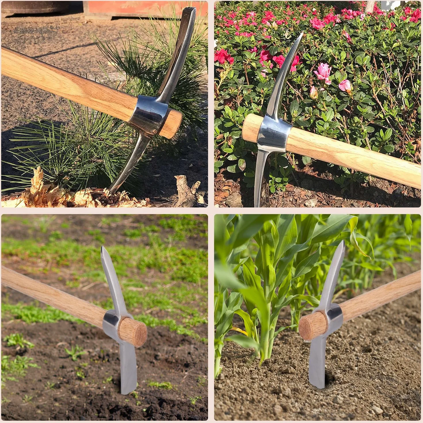 Tissting Pico de Jardín de 40cm/15,7in, Azada de Pico de Acero Inoxidable Resistente y Duradera, Herramientas de Azada de Jardinería Agrícola con Mango de Madera