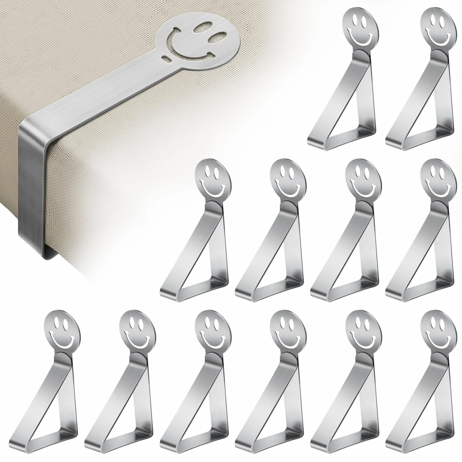 GlasFlength Sujeta Manteles de Mesa Ajustable, 12 Piezas Pinzas para Mantel de Exterior Acero Inoxidable Pinzas Mantel Exterior Pinzas Sujeta Manteles para Jardín Cocina Oficina Boda Fiesta (Smile)