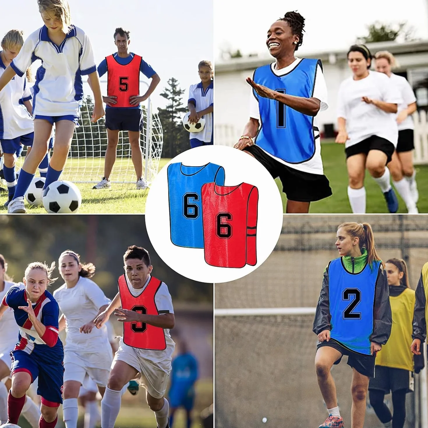 Petos de fútbol entrenamiento reversibles numerados rojo azul 47x70 cm