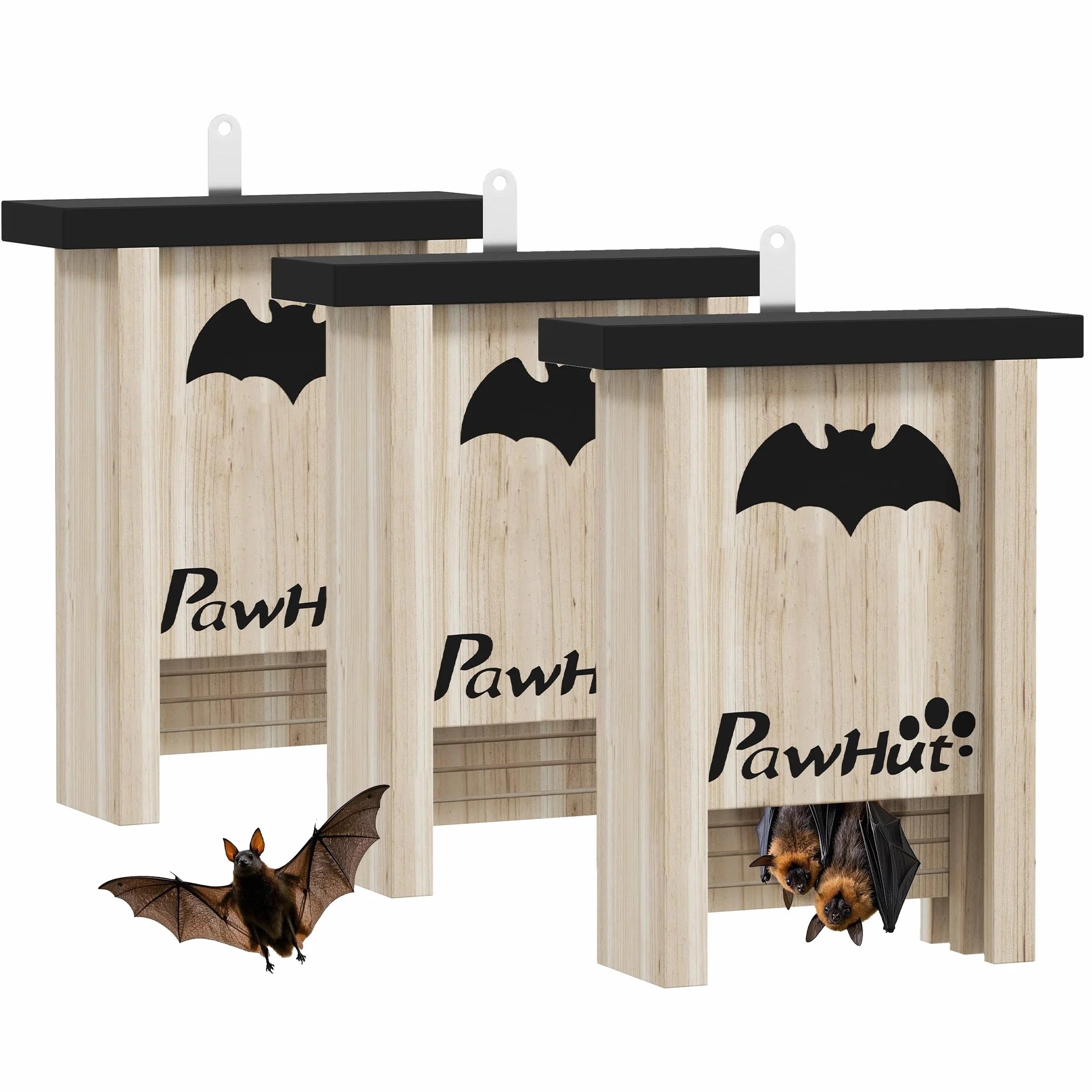 PawHut Pack de 3 Casas para Murciélagos de Madera Maciza, Cajas para Murciélagos, Resistente a la Intemperie, para Exterior, Jardín, Huerto o Granja, con Plataforma de Aterrizaje, Fácil de Colgar