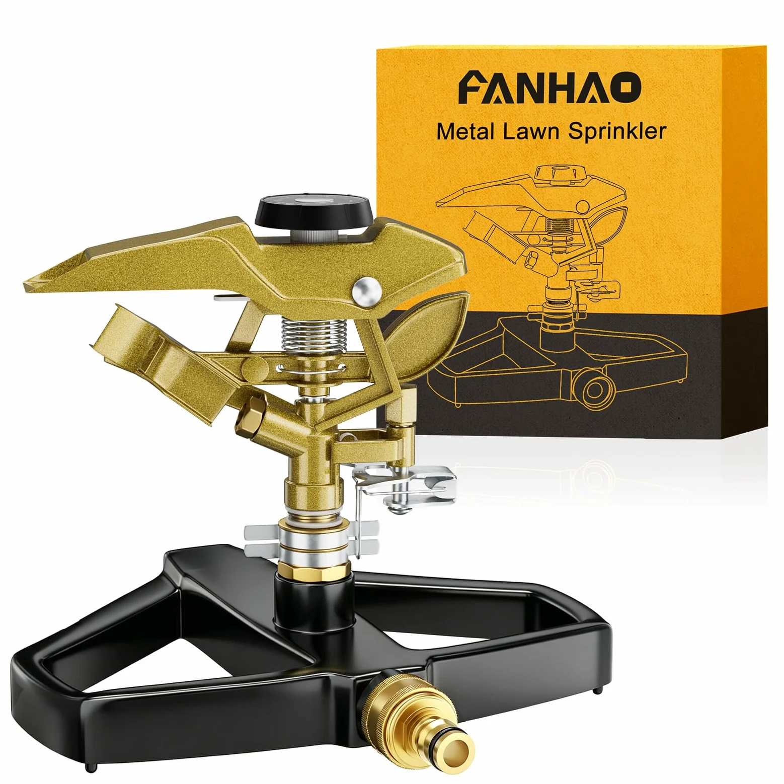 FANHAO Aspersor de Impacto Pesado para Césped con Base metálica, Cabezal Pulsante Ajustable de 360°, Cubre hasta 540 m² para Jardín, Patio y Parterre
