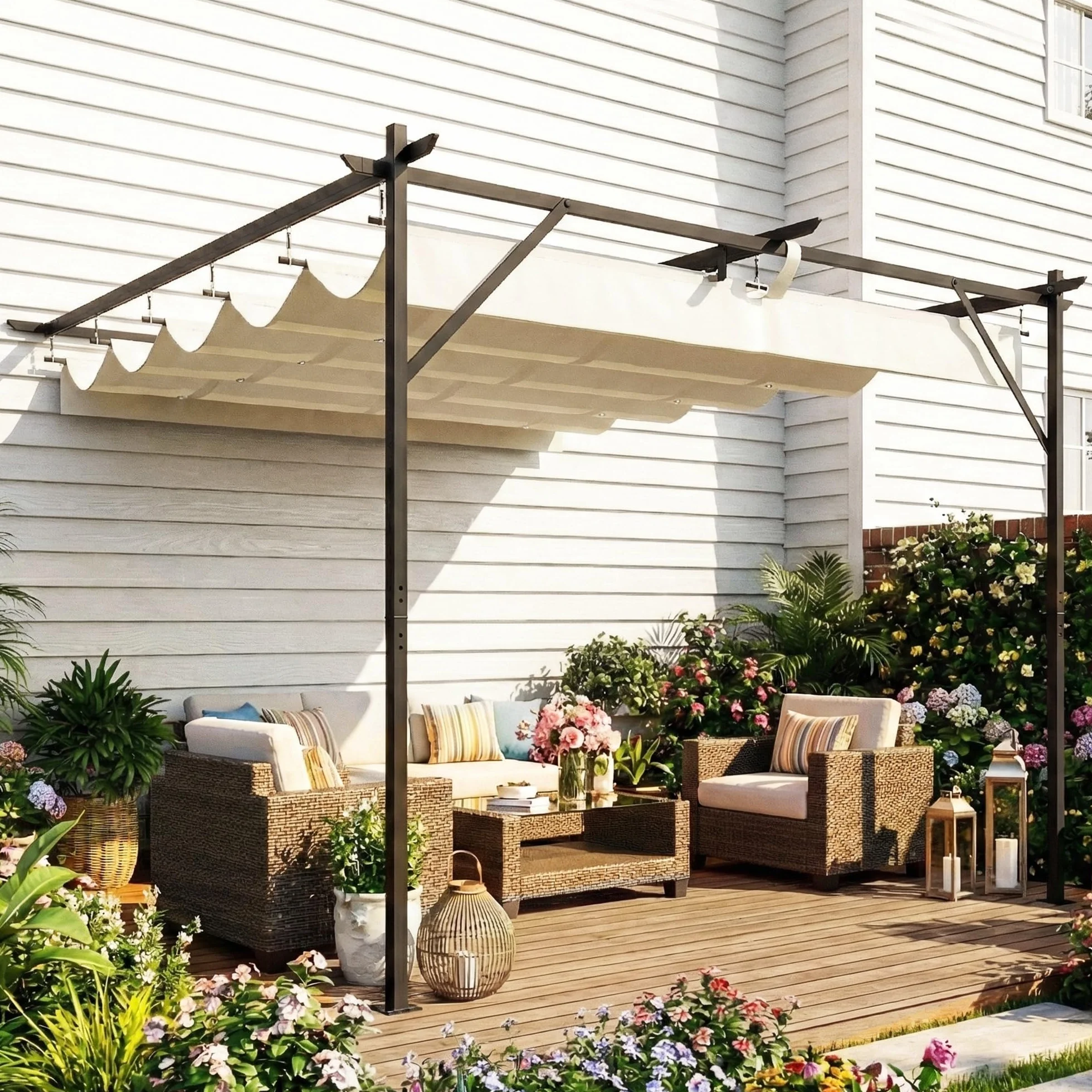 Outsunny Pérgola de Pared de Jardín 3x3 m, Cenador de Jardín con Techo Retráctil, Protección UPF30+, Orificios de Drenaje y Estructura Metálica, Pabellón para Patio, Terraza, Exterior, Blanco Crema