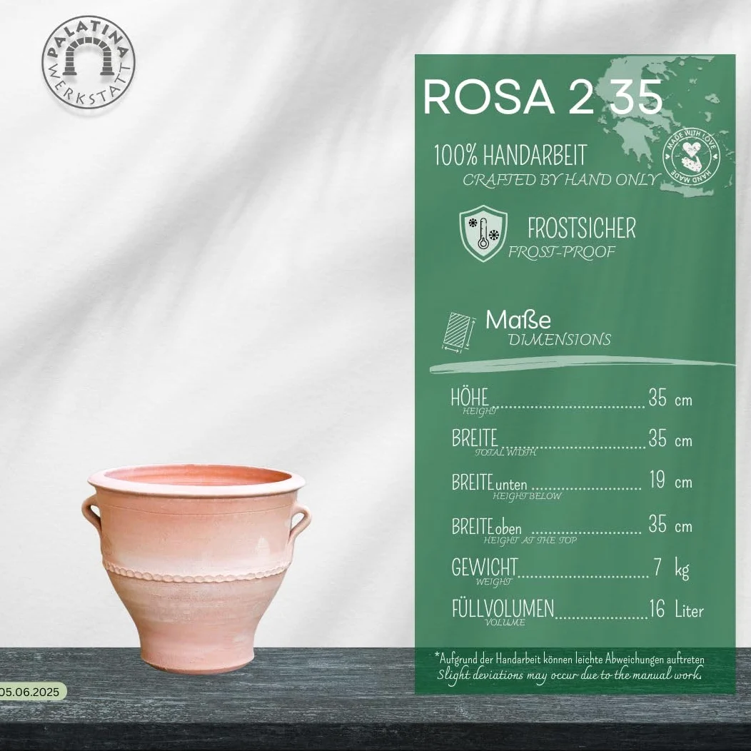 Palatina Werkstatt Maceta de terracota 100% hecha a mano rosa 2" 35 cm de Grecia - Ambiente exclusivo y natural para su jardín y hogar