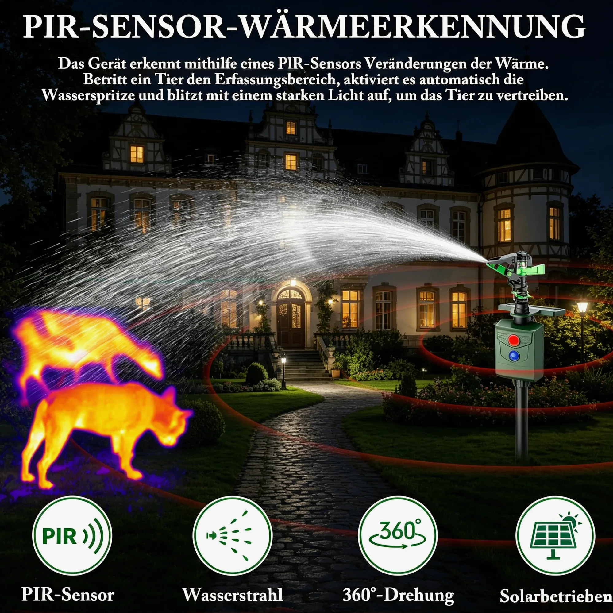 Ahuyentador de animales, repelente de gatos con agua, para jardín, detector de movimiento PIR, carga USB y solar en dos modos, ahuyentador de pájaros, ahuyentador de aves, ahuyentador de aves, defensa