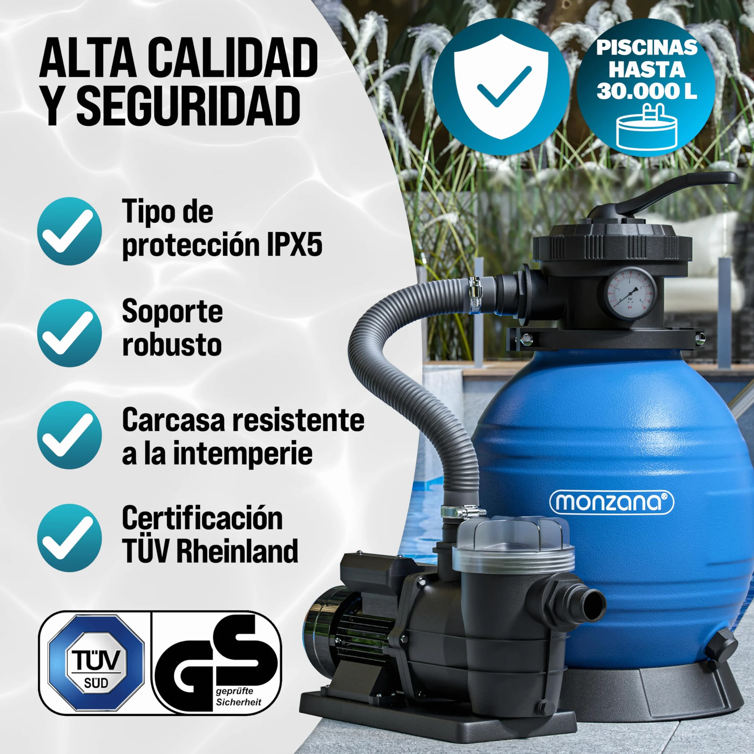 MONZANA Depuradora Piscina 9.600L/h | Filtro Arena 30.000L, Vidrio Filtrante, Valvula 7 Funciones Filtrado, 400W, Bomba, Indicador Presión, Adaptador Ø32-38mm