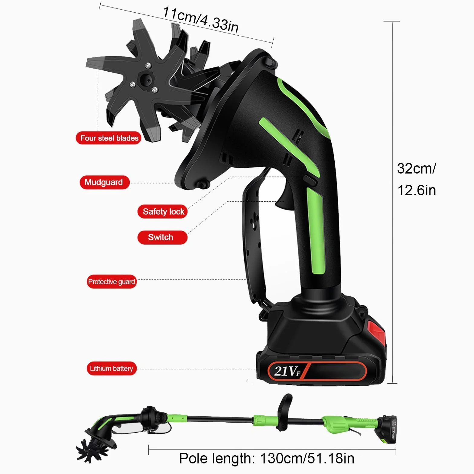 Rotavator Eléctrico Inalámbrico para Jardín, Cultivador Inalámbrico de Mano de 21V con Mango de 1,3 Metros de Largo, Minicultivador Inalámbrico con 10Cm de Ancho y Profundidad de Labran Two Batteries