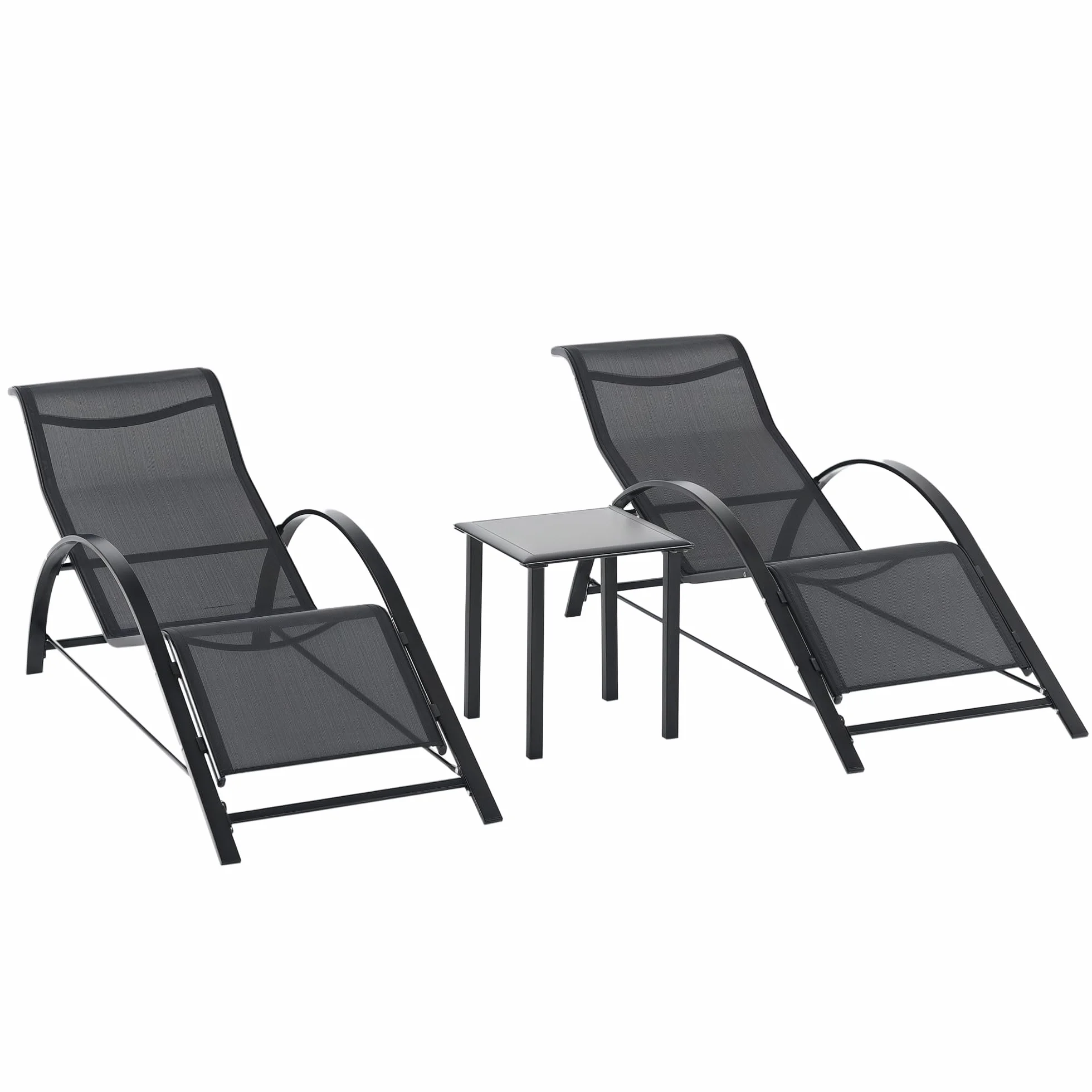 Outsunny Set de 2 Tumbonas Jardín Exterior con Mesa Auxiliar de Vidrio Templado Tumbonas con Respaldo Reposabrazos para Patio Piscina Terraza Exterior Negro