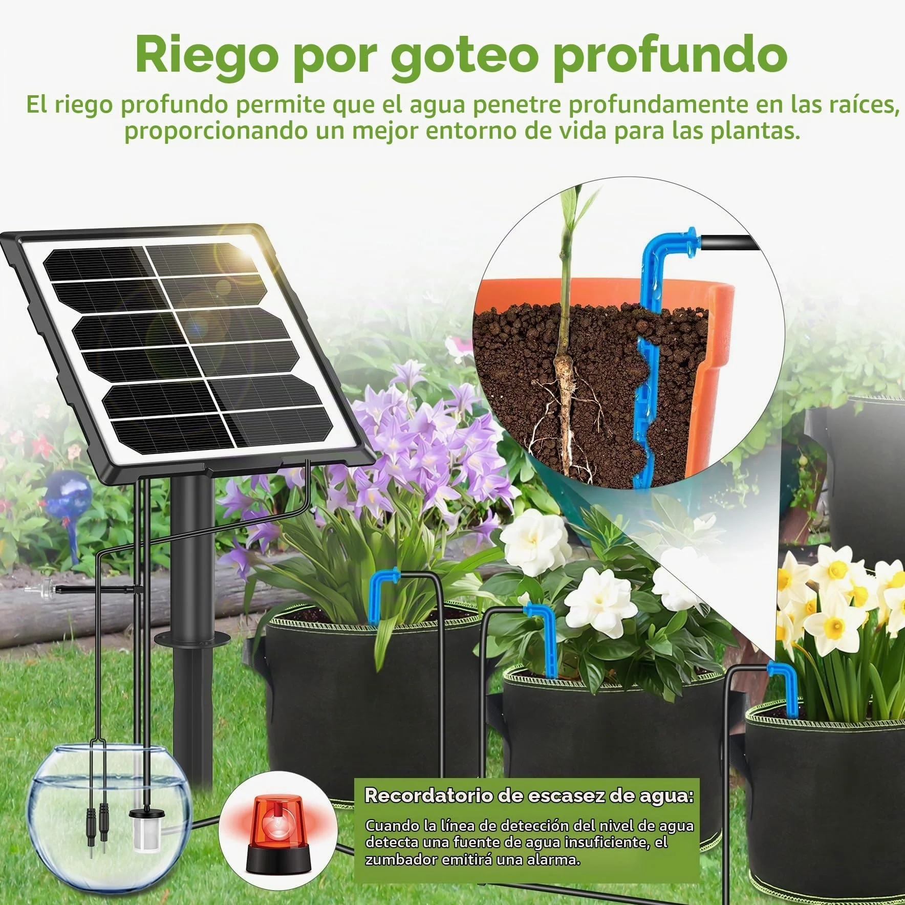 Forever Speed Sistema de Riego Automático Solar 6 Modos con sensor de Agua, Kit de Sistema de Riego por Goteo Automátic con Manguera de 15 M para Jardín, Balcón