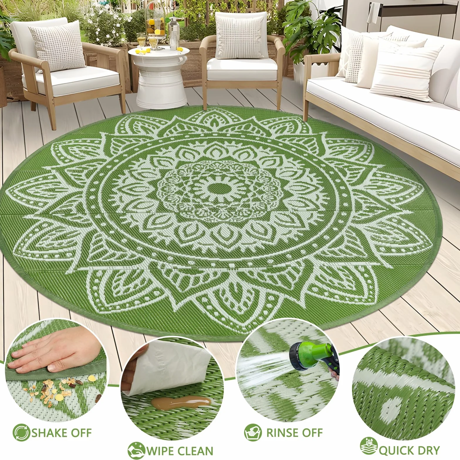 Famibay Alfombra Exterior Impermeable Redondo 180cm Alfombras De Exterior Reversible Plástico Resistente A Los Rayos UV Verde Tapete Terraza Patio Jardin Balcón