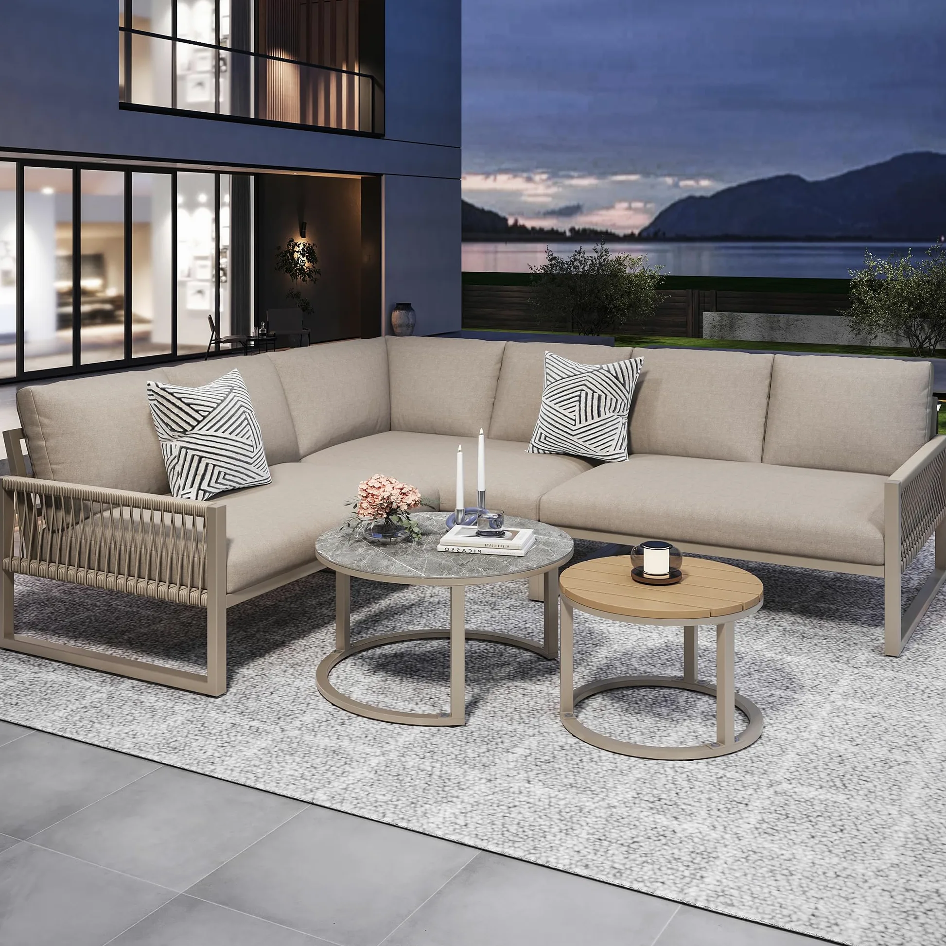LAKFEW Conjunto Jardin Exterior de 5 Piezas con 2 Mesas y Patas Ajustables, Muebles Jardin Exterior Modular para 6-7 Personas, Sofa Exterior Esquinero con Cojín Cómodo (Beige)