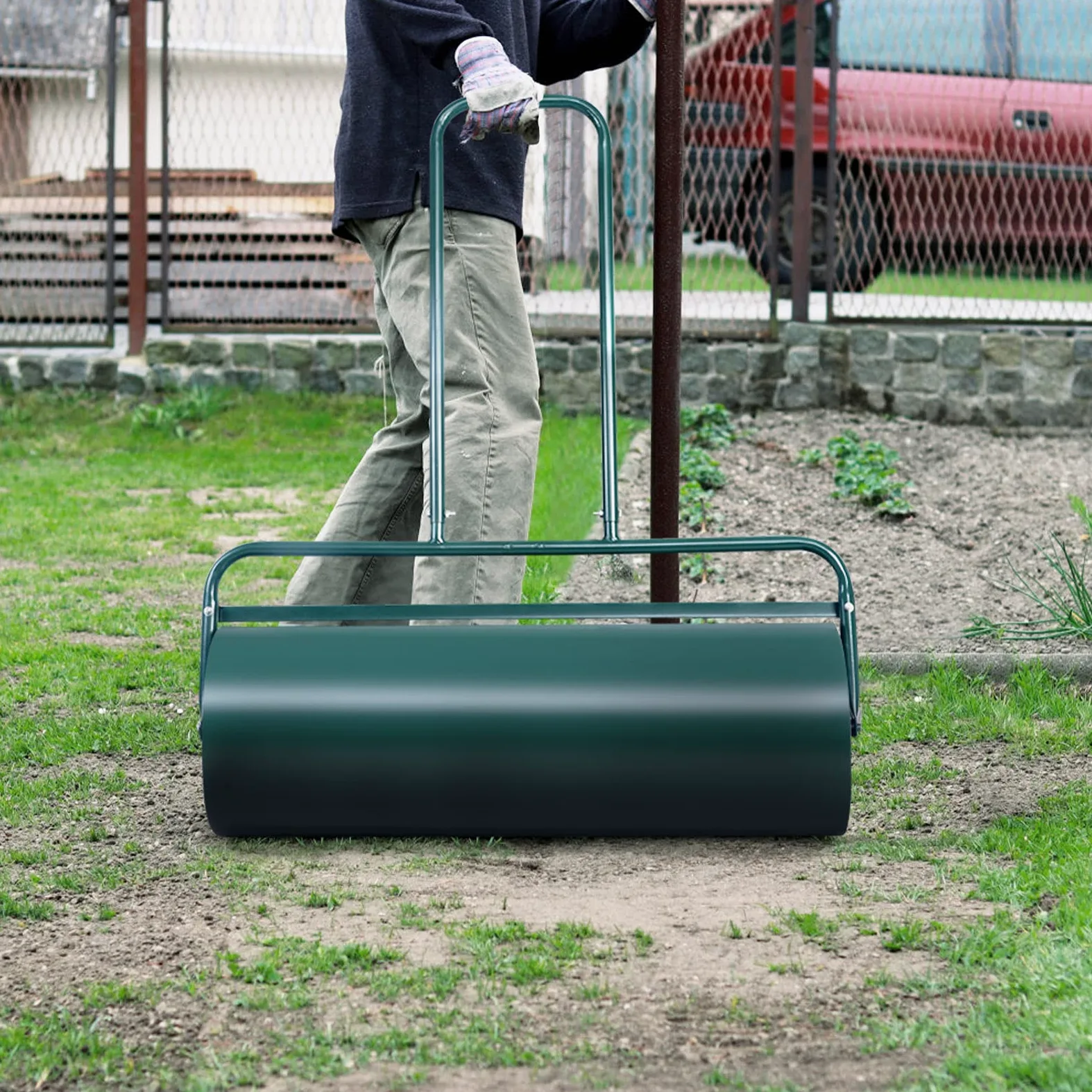 Rodillo para césped de jardín de 63 L/113 L, gran tambor remolcable lleno de agua y arena con asa de agarre, barra rascadora y rodillo para granos, herramienta manual de acero para rodar cés