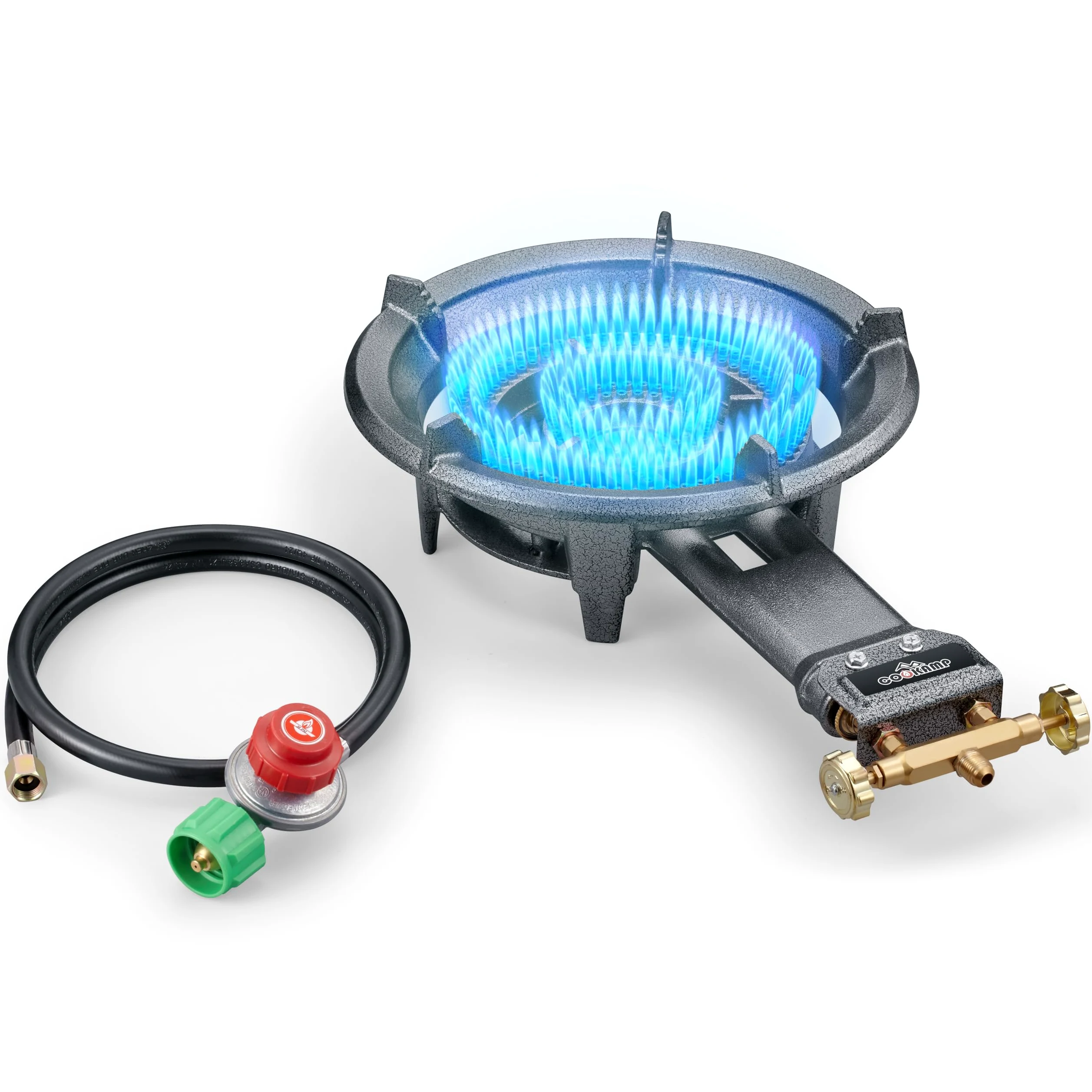 COOKAMP SH90 SH90 - Quemador de propano wok, de hierro fundido, con regulador y manguera, estufa de gas portátil de alta presión para acampar al aire libre