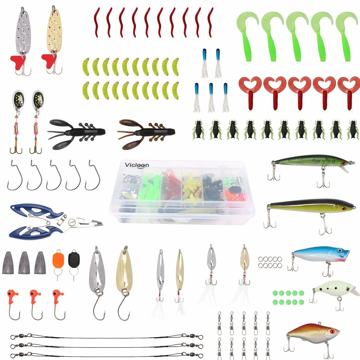 Vicloon Señuelos de Pesca 120 Piezas Kits Accesorios Cebos Artificiales Incluido Caja Tackle