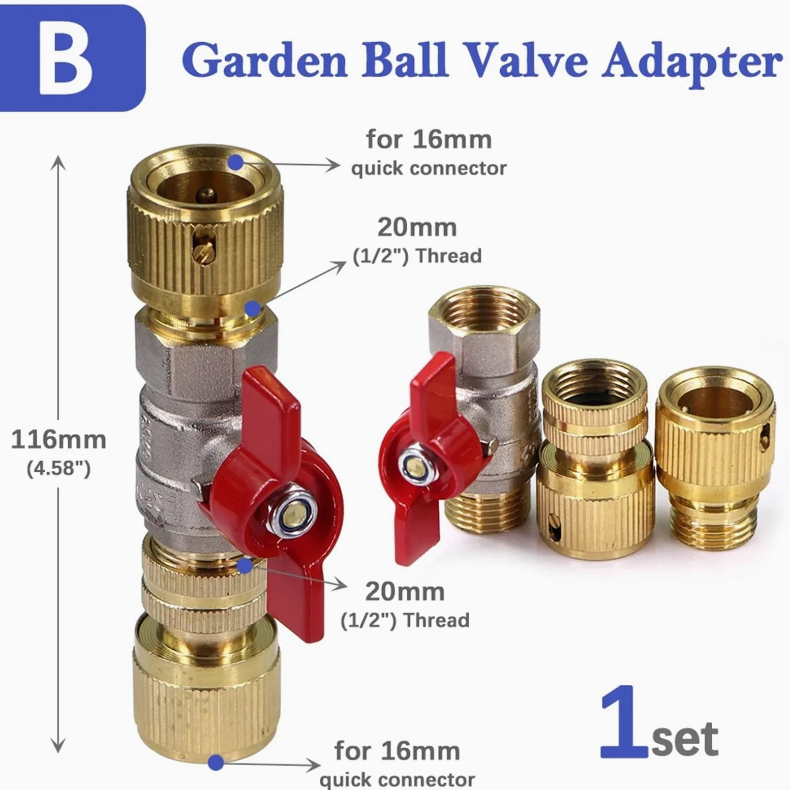 Adaptador de manguera de válvula de bola de latón de 1,27 cm, conector rápido de chupete de 16 mm para riego de jardín, junta de acoplamiento extensor (B-1 juego)