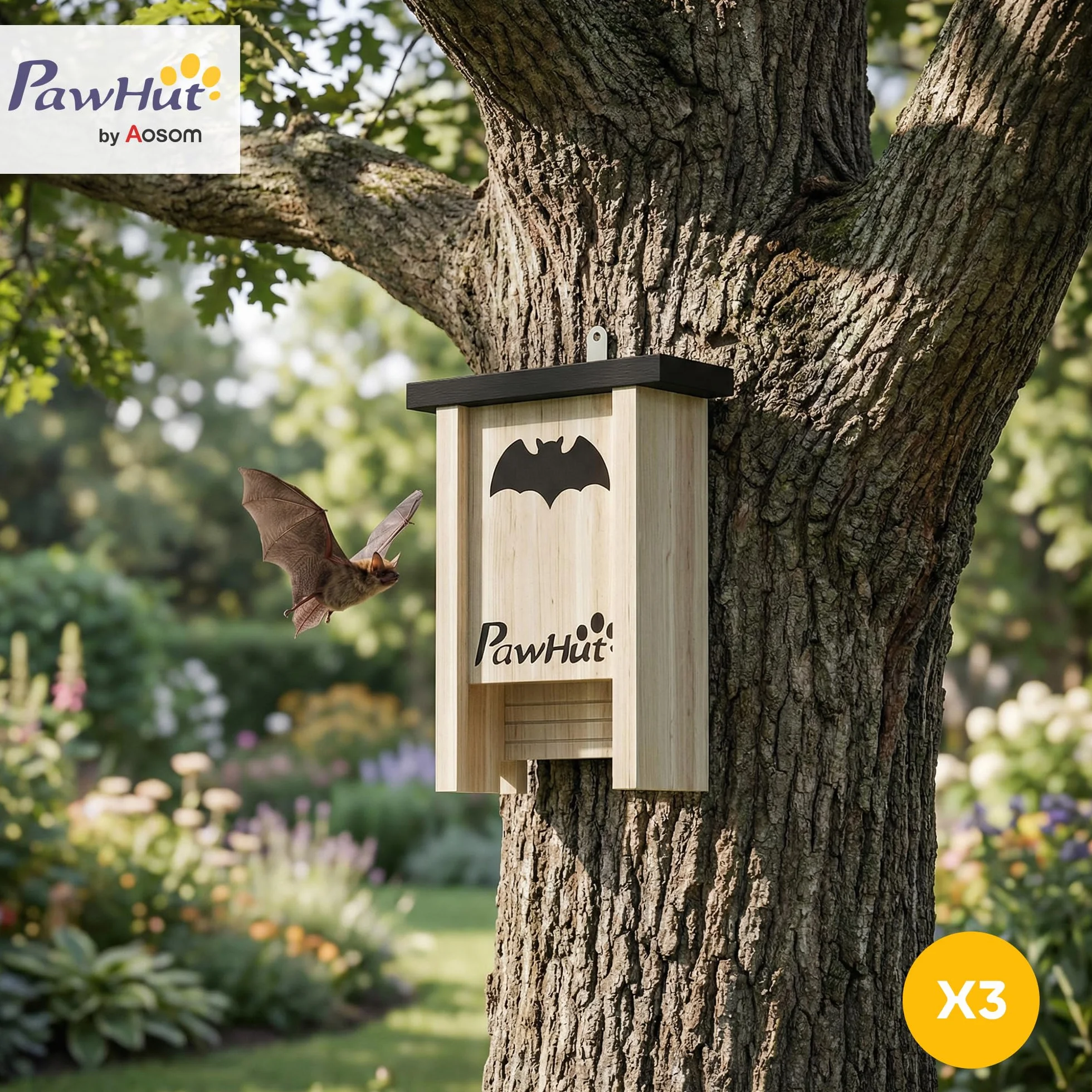 PawHut Pack de 3 Casas para Murciélagos de Madera Maciza, Cajas para Murciélagos, Resistente a la Intemperie, para Exterior, Jardín, Huerto o Granja, con Plataforma de Aterrizaje, Fácil de Colgar