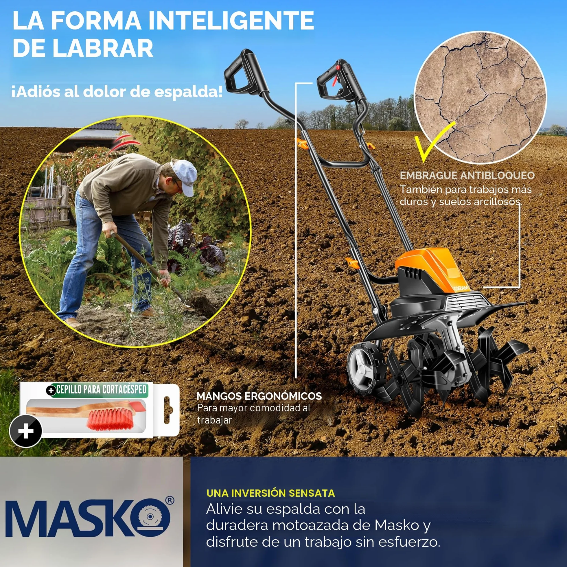 MASKO® Azada con Motor eléctrico 1500W | 40 cm de Ancho de Trabajo 20 cm de Profundidad de Trabajo | Azada del Suelo | Cultivador de jardín | Azada eléctrica | Carcasa metálica, Naranja