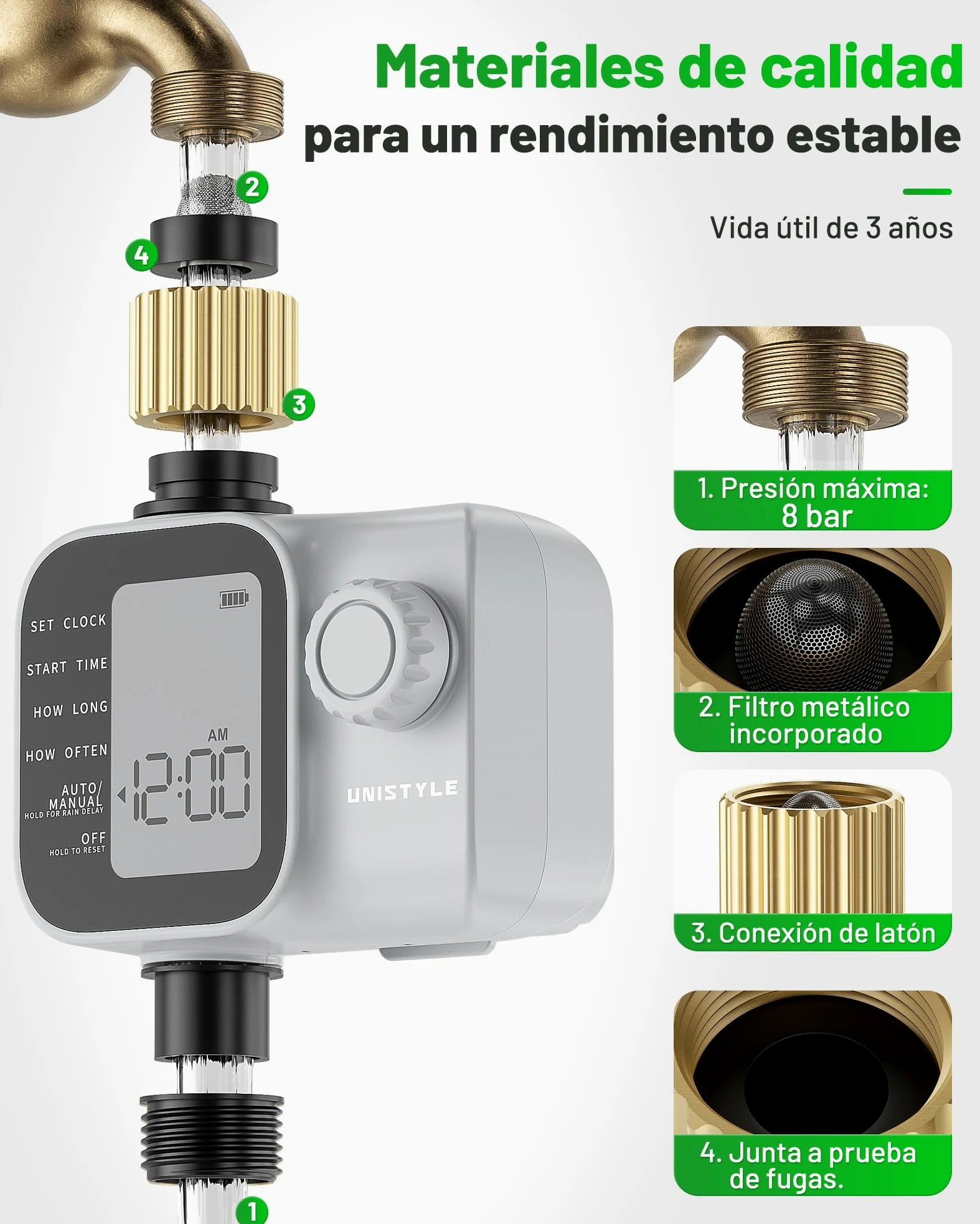 Programador de riego Unistyle | Nueva Edición 2026: Temporizador Riego Automático del Jardín, Manejo Sencillo e Intuitivo, Conexión de Latón de Alta Resistencia, Programas de Riego Flexibles