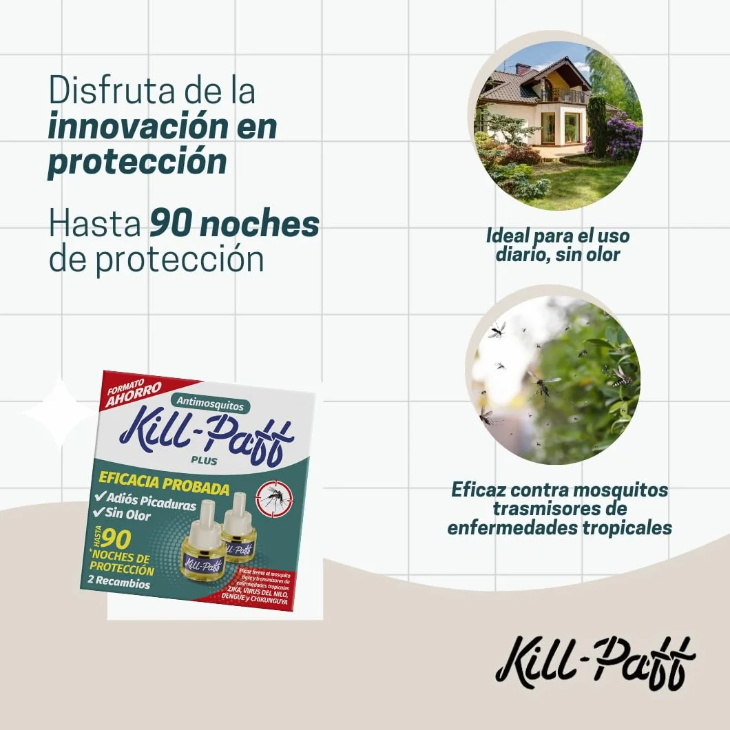 KILL-PAFF | Antimosquitos Eléctrico | Protección Eficaz Contra Mosquitos Tigre y Transmisores de Enfermedades Tropicales | Sin Olor | 90 Noches de Protección | 2 Recambios 33 + 33 ml