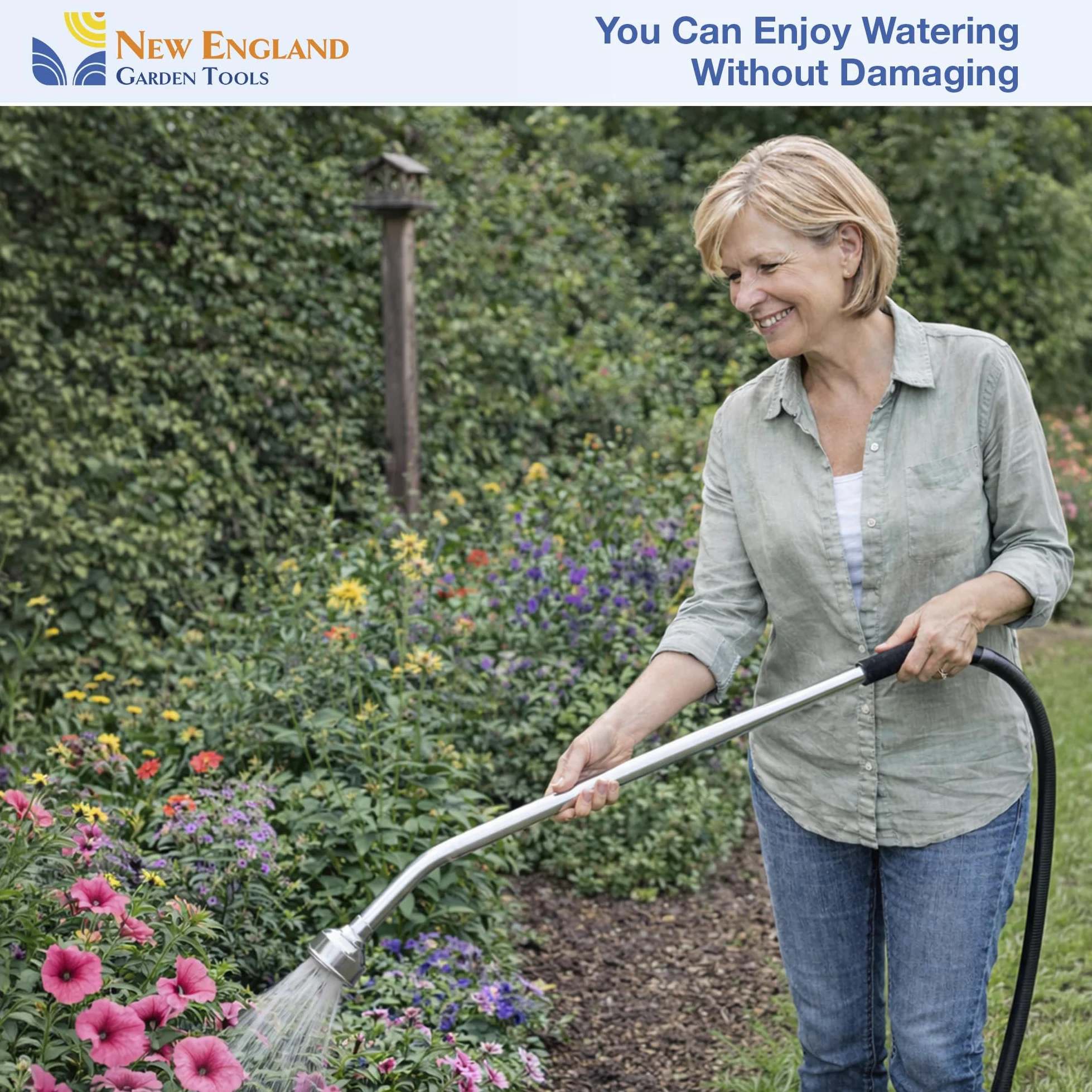 Varita de manguera de agua de metal de 30 pulgadas con spray suave 600003 con agarre cómodo y válvula de cierre de New England Garden Tools para limpieza, riego de plantas y patios, lavado de coches y