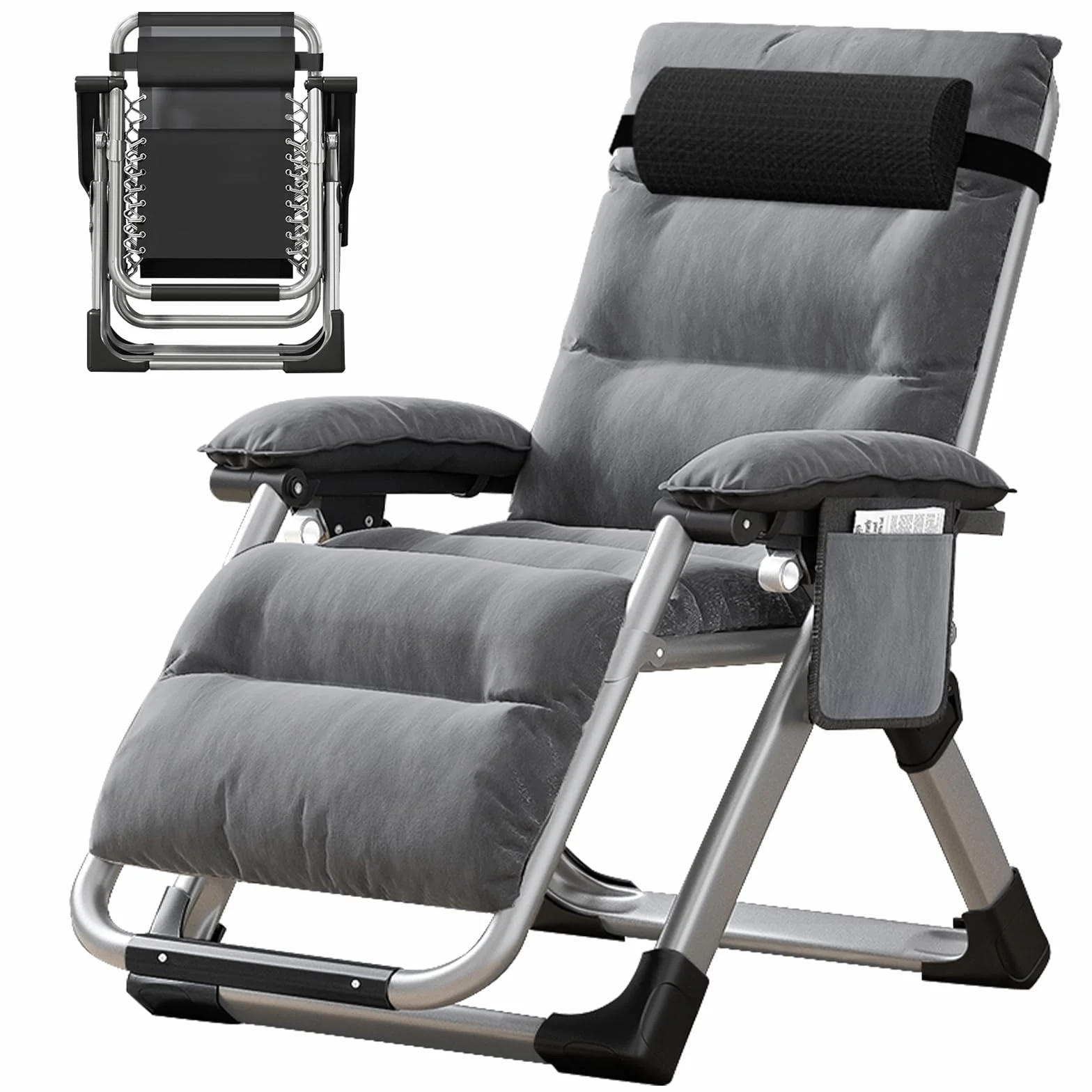 MOPHOTO Silla de Gravedad Cero, Silla reclinable Plegable de 200 kg con Almohadilla y Bolsillo Lateral, Siesta, Sala de Estar, balcón, jardín, Patio(Gris)
