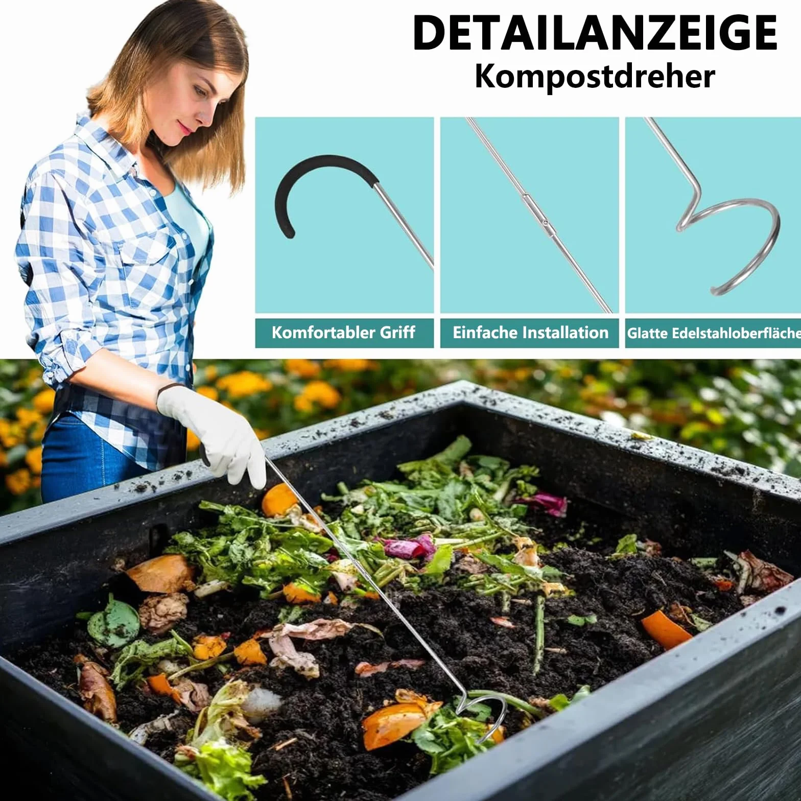 SQUEEZE master Aireador de compostaje, agitador, herramienta manual de manivela de acero inoxidable para vasos de compostaje al aire libre, agitador, garra de jardín, mezcla de compost