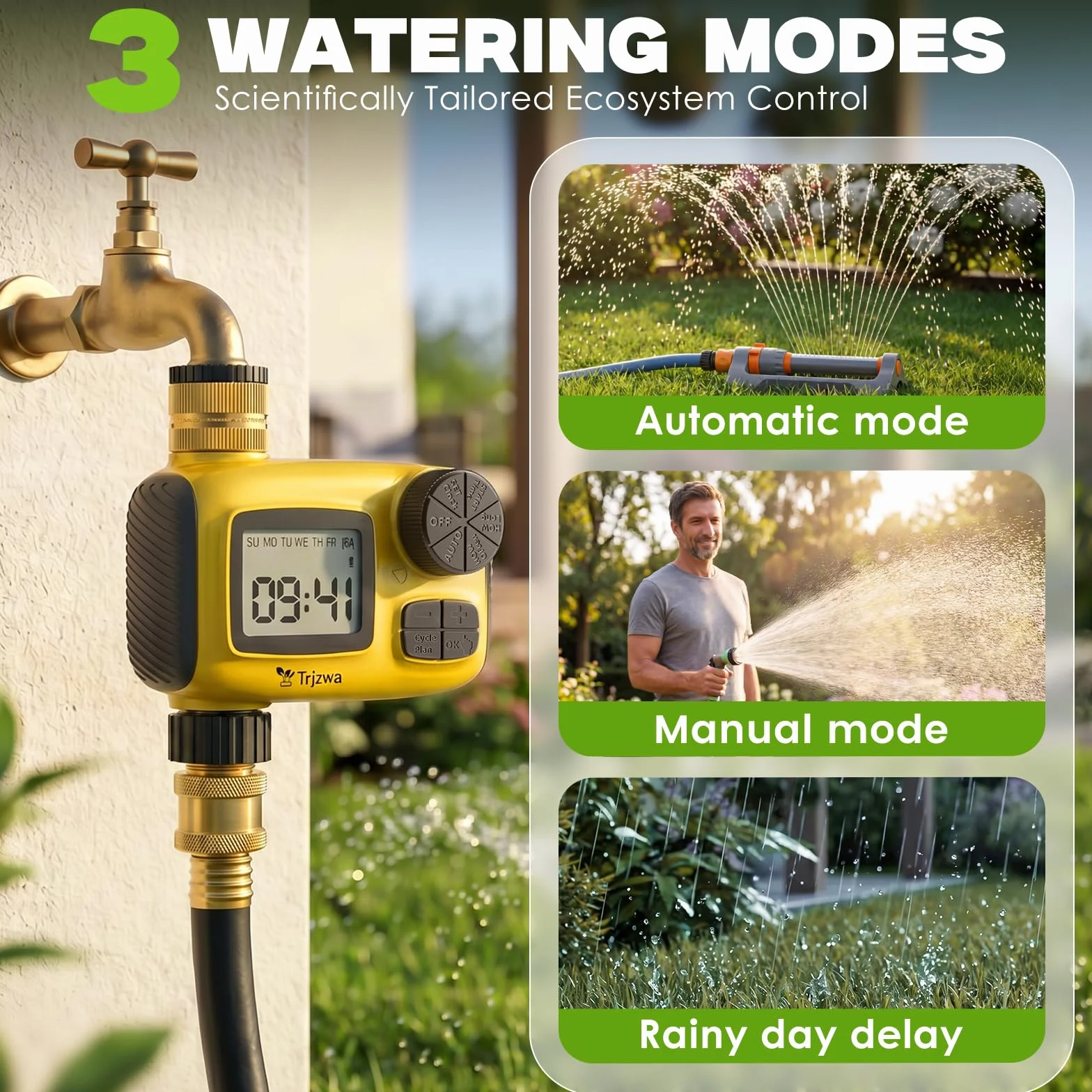 Pantalla LCD Programador de Riego Automático, Sistema de Riego Automático, con 3 Programas de Riego Independientes/Función de Retardo de Lluvia，Apto para Riego Césped/Patios