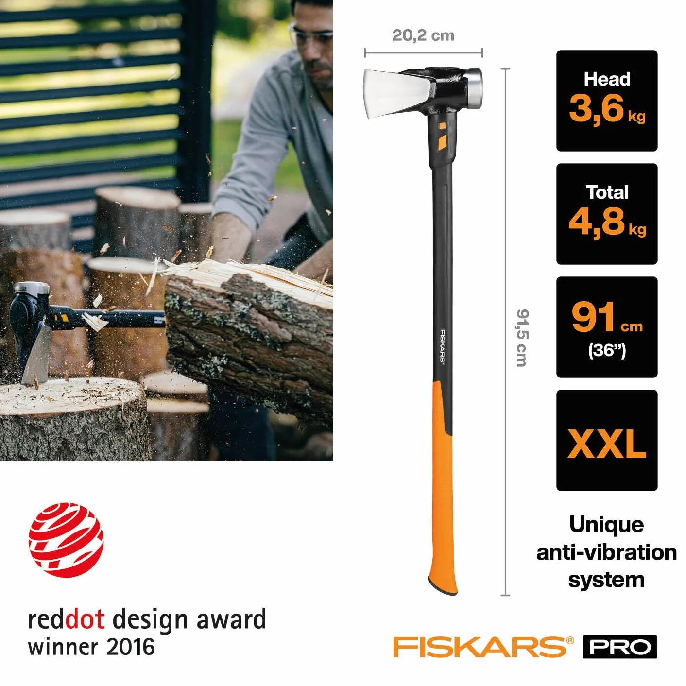 Fiskars Hacha IsoCore XXL, Para partir troncos y clavar cuñas, 92 cm, 5,22 kg, Negro/Naranja, 1020220
