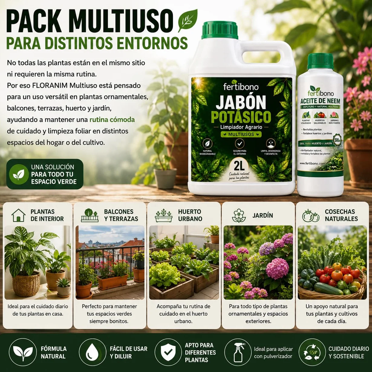FERTIBONO FLORANIM Multiuso - Jabón Potásico 2L + Aceite de Neem 500 ml para Plantas, Huerto y Jardín - Pack Concentrado para Diluir en Agua y Pulverizar