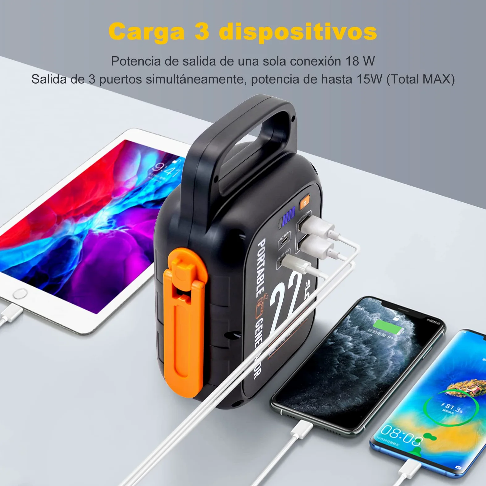 Crank Power Bank 22500mAh, 18W carga rápida USB tipo-C, 83.25Wh generador de energía con luz LED para emergencia camping al aire libre.