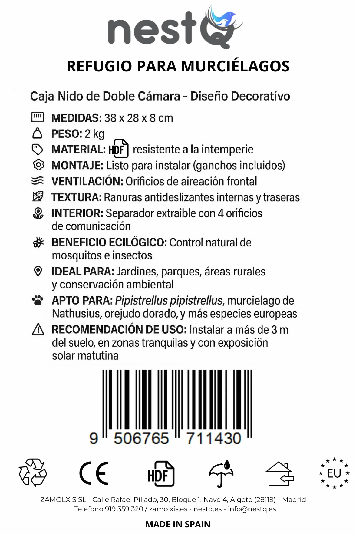 Nido De Murciélagos para Exterior - Casa Grande De Madera con 2 Cámaras - Diseño Especial para Atraer Murciélagos - Fácil Instalación con 2 Ganchos - Separador Extraíble con Orificios De Comunicación