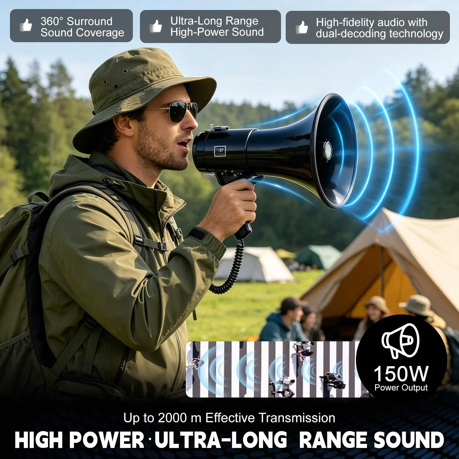 WingFly Megáfono 150W Bluetooth Grabación Alcance 2000m Altavoz Sirena Micrófono Externo USB