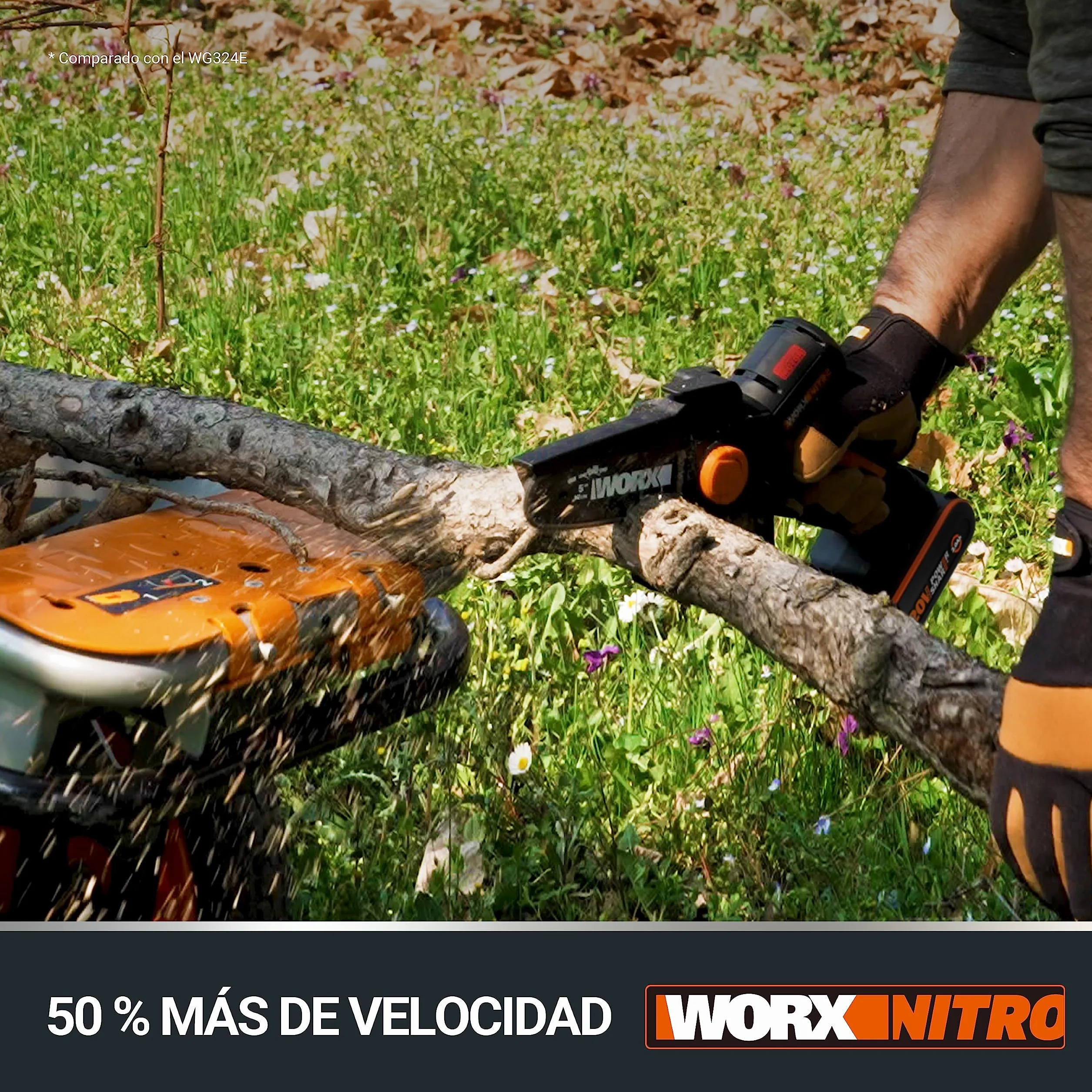WORX WG325E Mini motosierra 20V 2Ah, con batería y cargador, una mano, motor brushless, espada 12cm, lubircación automática, para jardinería y poda