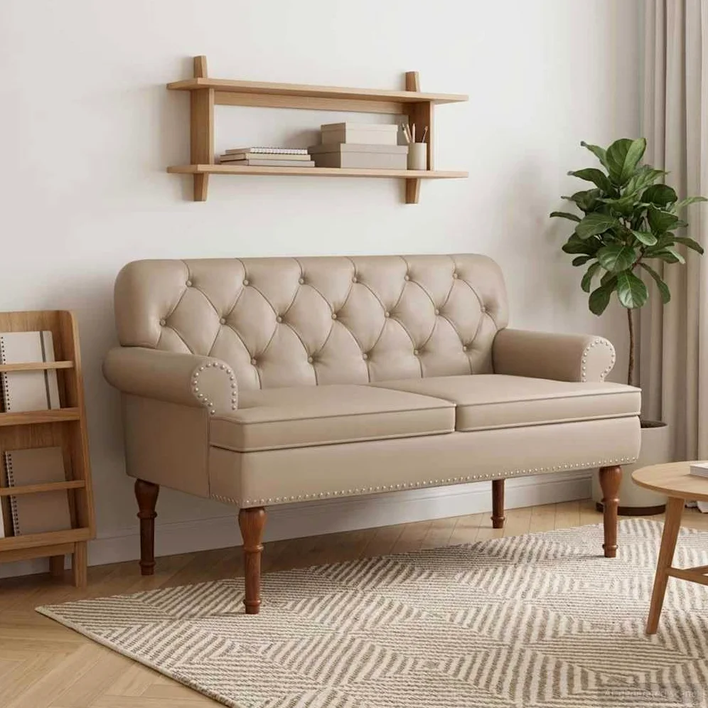 Cappuccino - Asiento de dos plazas con cierre de botón, piel sintética con marco de madera y patas de madera de caucho, 120 x 65 x 77 cm, 2 plazas para salón o dormitorio
