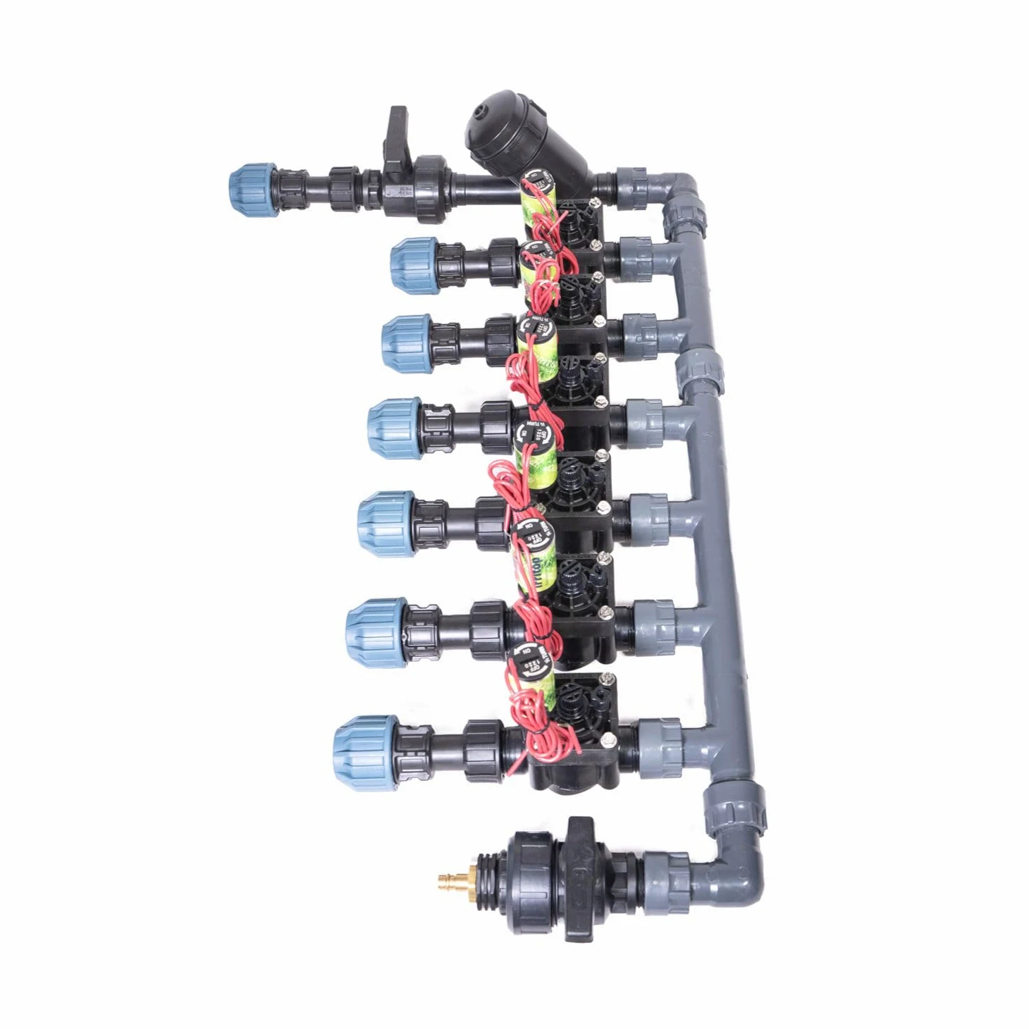 Distribuidor de tubos de polietileno de 6 zonas/25 mm (junta tórica), incluye válvulas solenoides Hunter PGV-101-MMB, conexión: tubo de polietileno de 25 mm